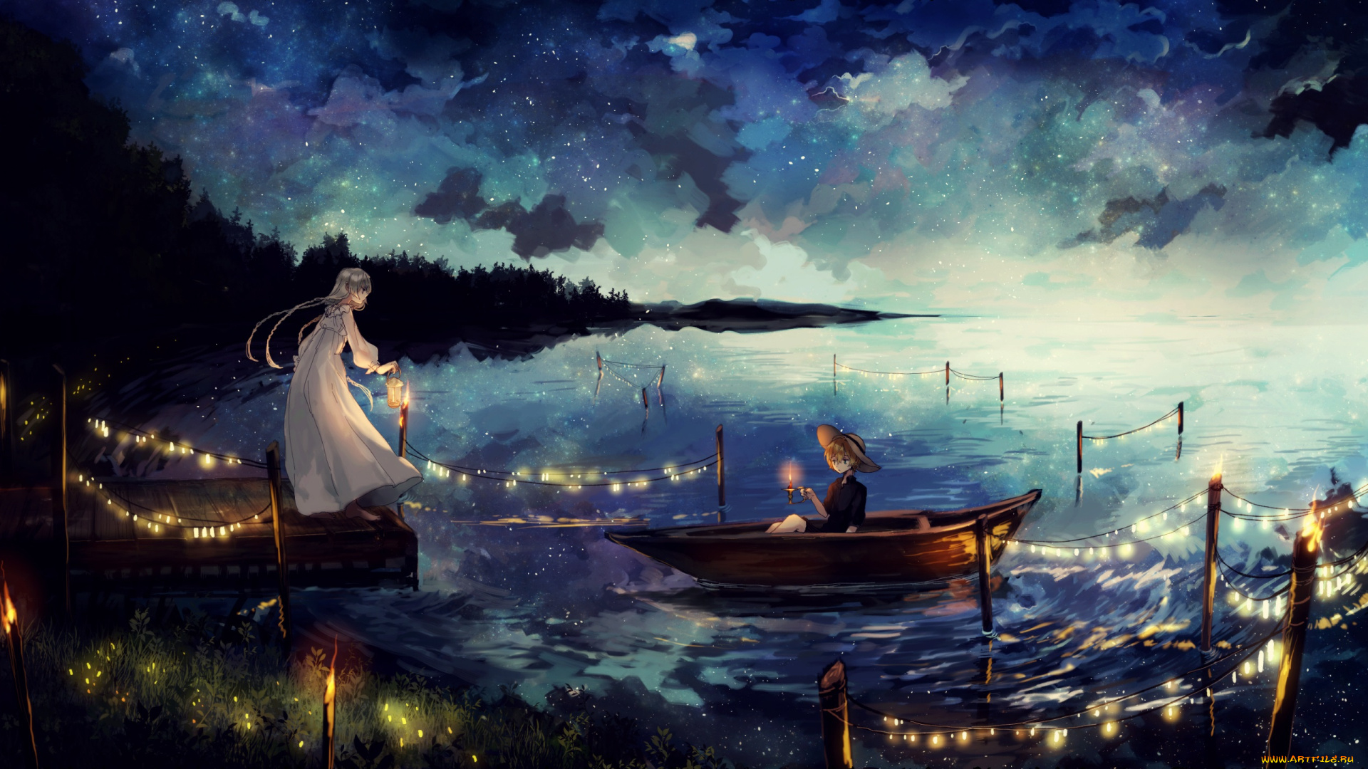 аниме, unknown, , другое, облака, небо, лодка, ночь, девочки, арт, canarinu