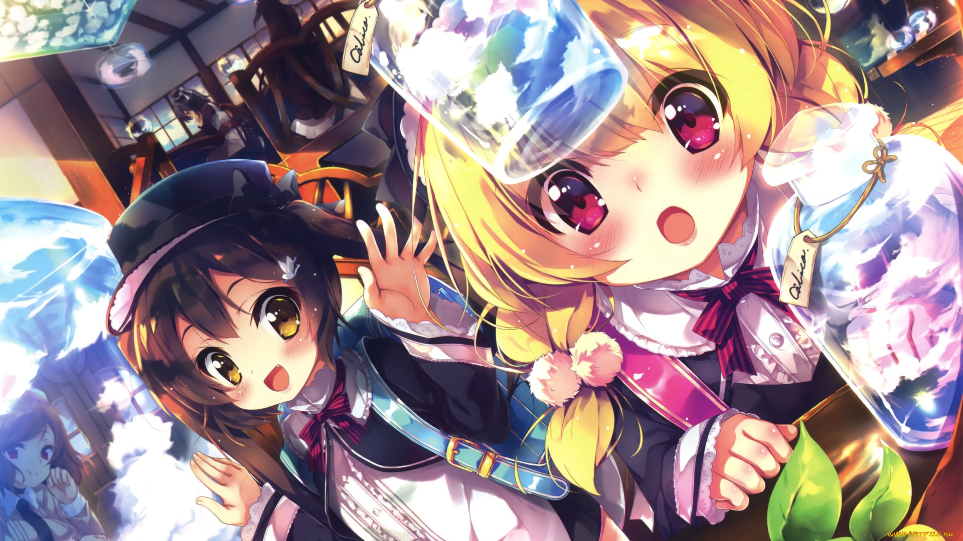 аниме, unknown, , другое, облака, восхищение, девочки, дети, банки, арт, mayuzaki, yuu