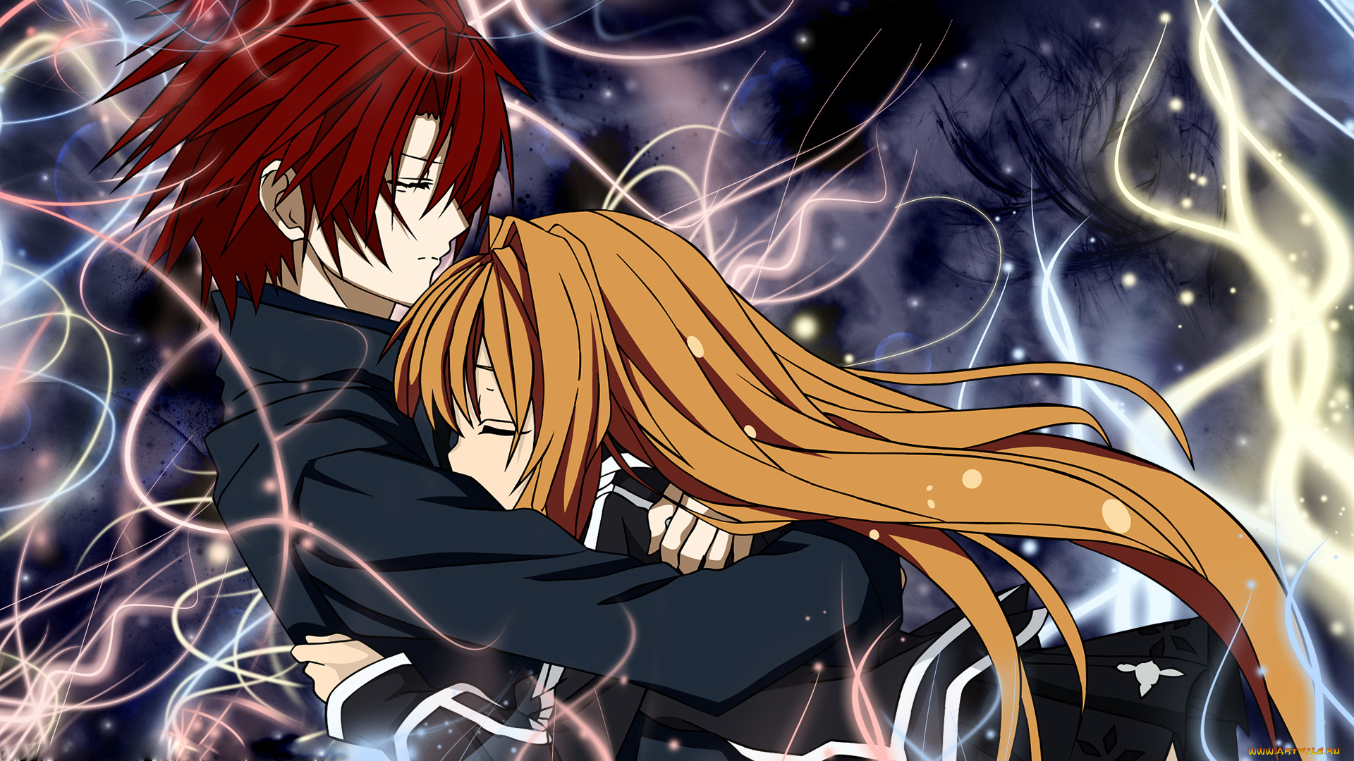 аниме, unknown, , другое, объятия, девушка, парень, пара, арт