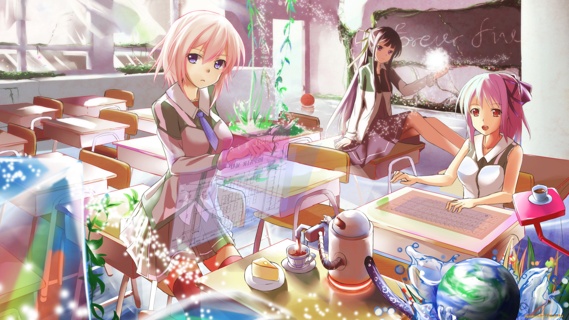 аниме, unknown, , другое, посуда, столы, класс, фон, девушки, взгляд