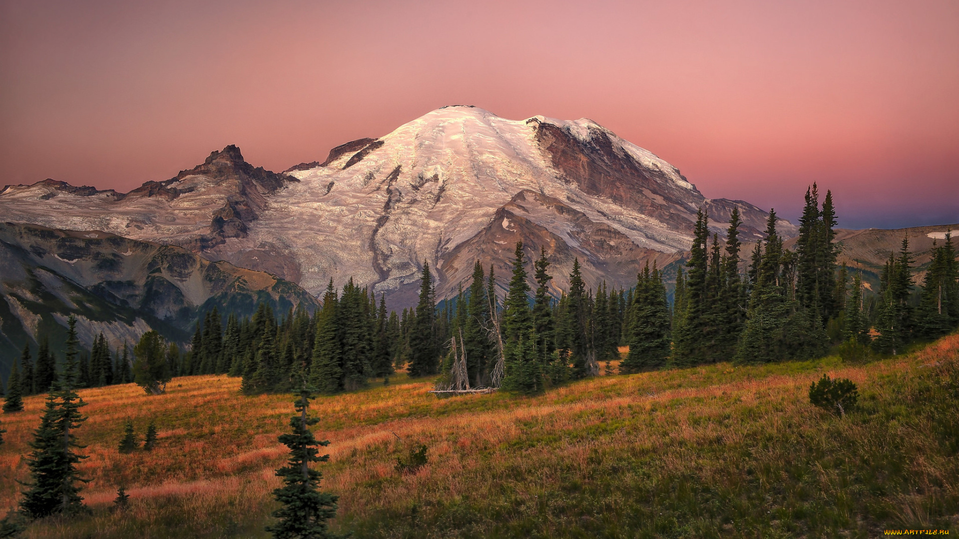 природа, горы, ель, гора, вечер, осень, деревья, трава, склон, снег