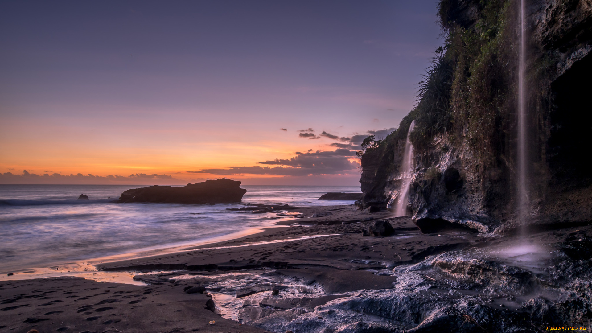 природа, побережье, море, водопады, закат, берег