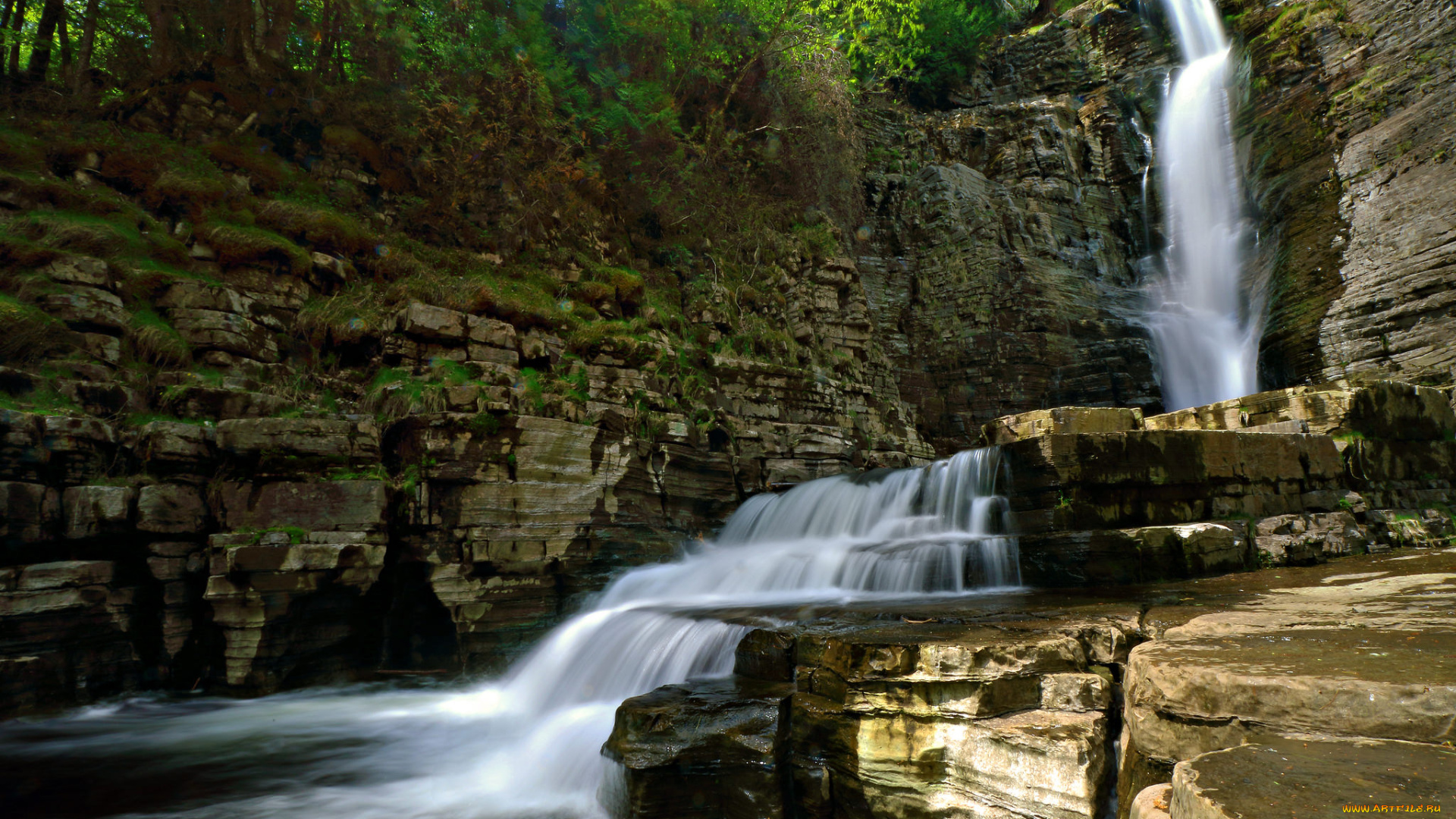 природа, водопады, лес, река, водопад