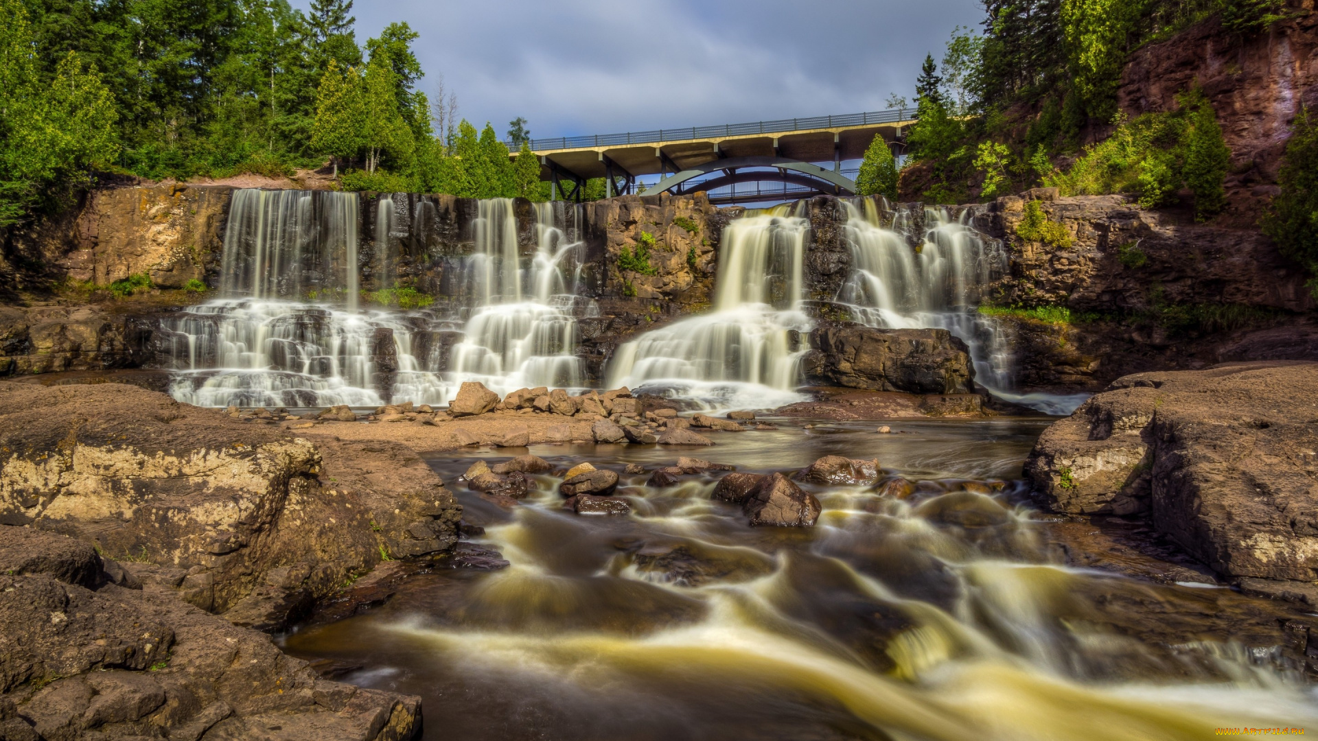 природа, водопады, minnesota, gooseberry, falls, state, park, мост, река, каскад, водопад, миннесота
