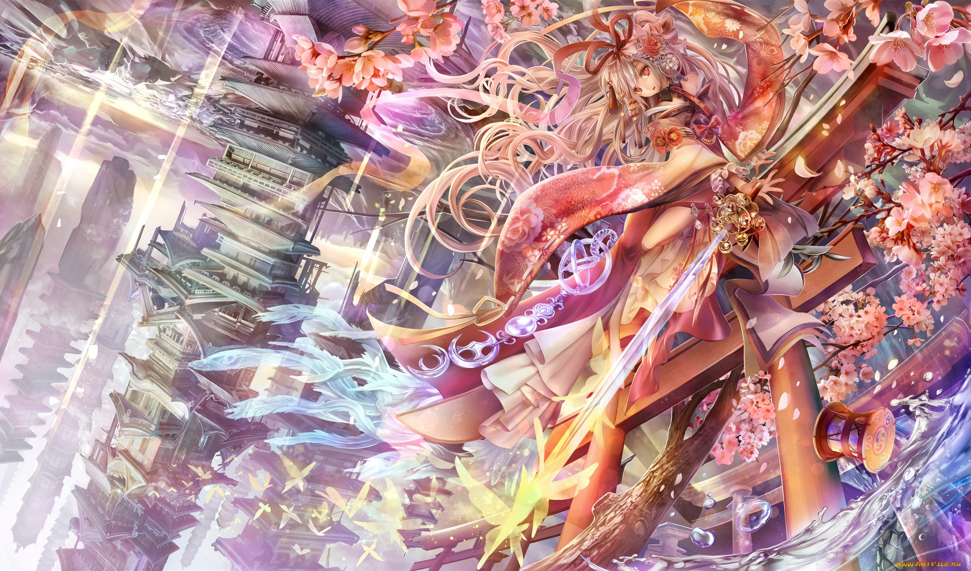 аниме, город, , улицы, , здания, фантастика, цветы, девушка, арт, afraco