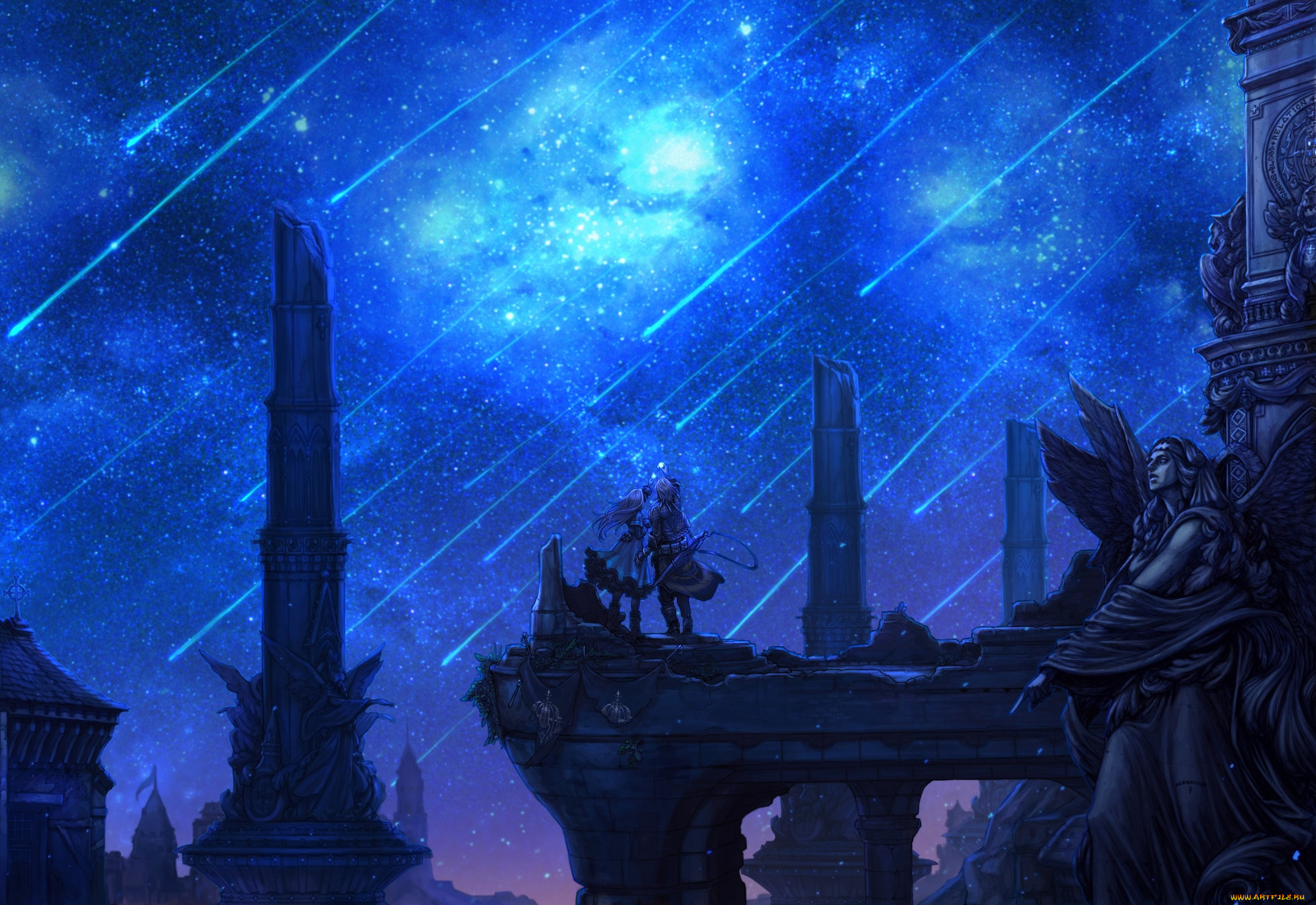 аниме, город, , улицы, , здания, парень, персонаж, kanan, the, last, story, девушка, звезды, ночь, небо, mistwalker, арт