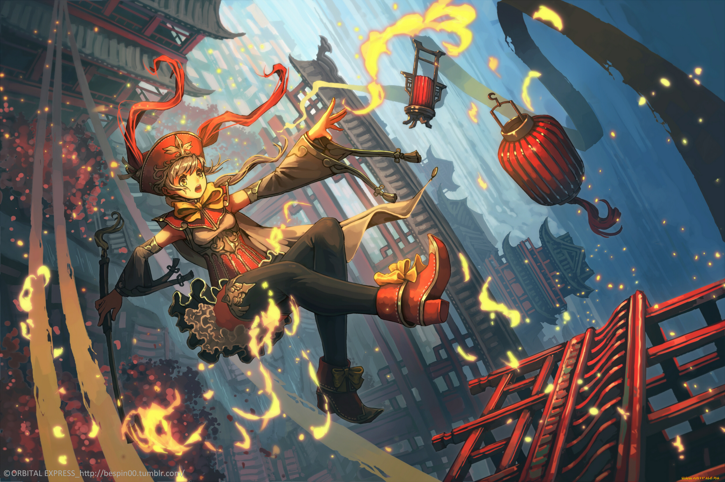 аниме, город, , улицы, , здания, bespin, арт, девочка, фонарики