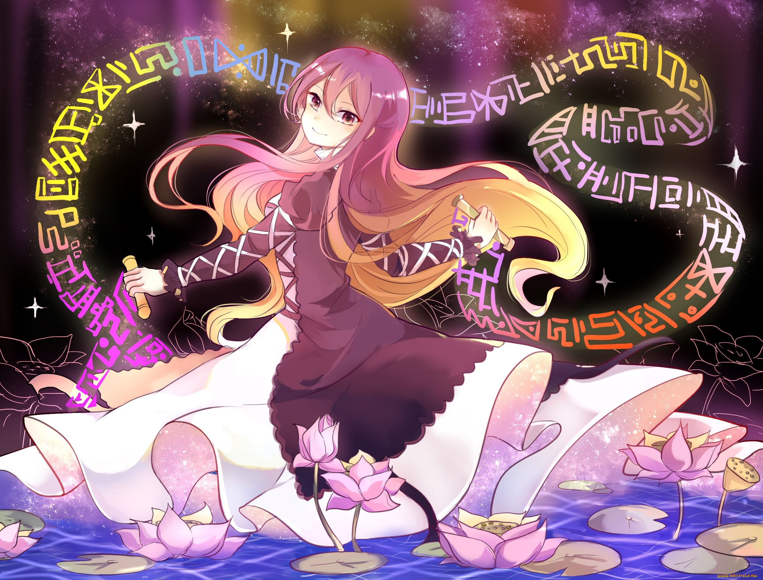 аниме, touhou, платье, девушка, взгляд, фон, лотосы