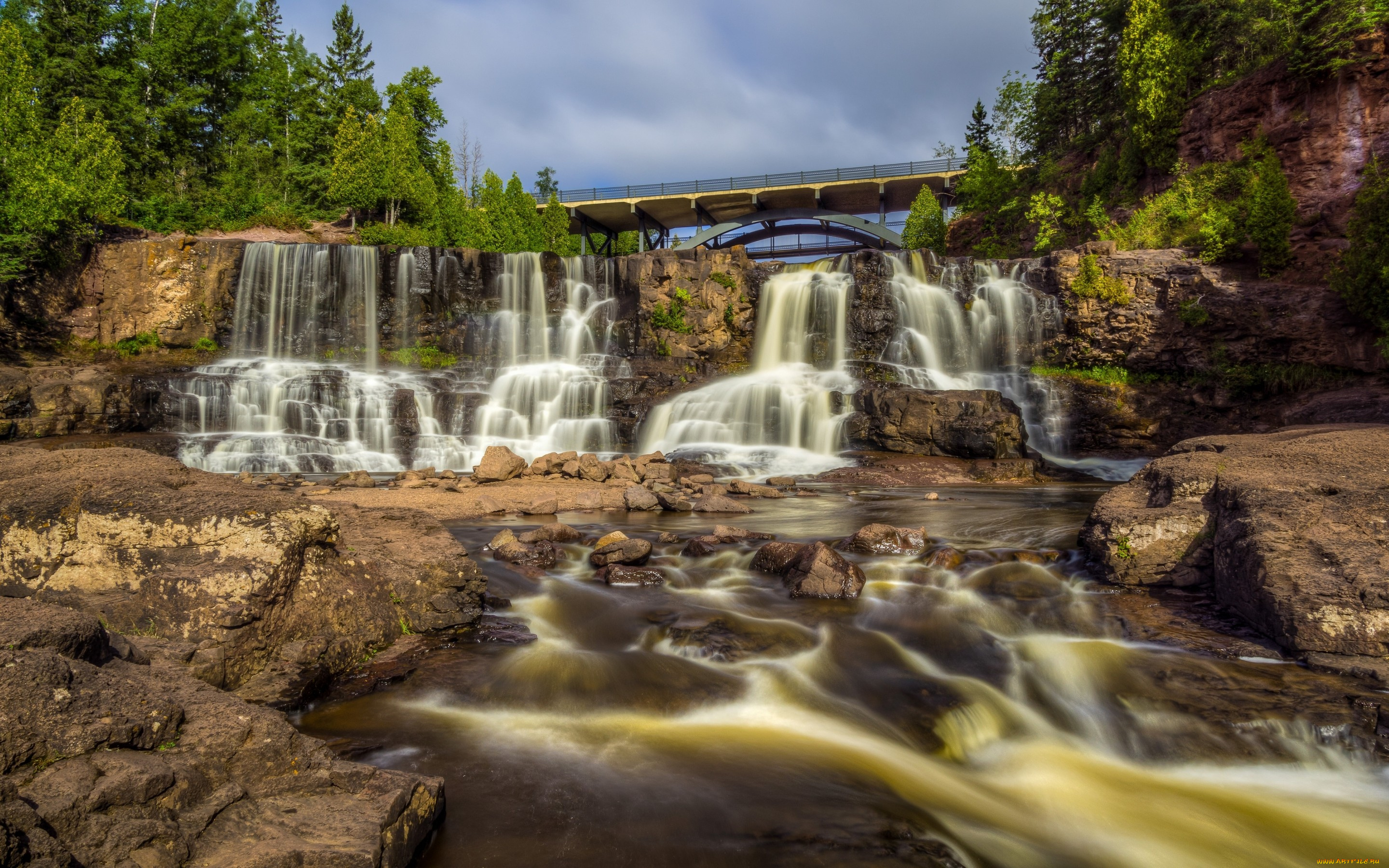 природа, водопады, minnesota, gooseberry, falls, state, park, мост, река, каскад, водопад, миннесота