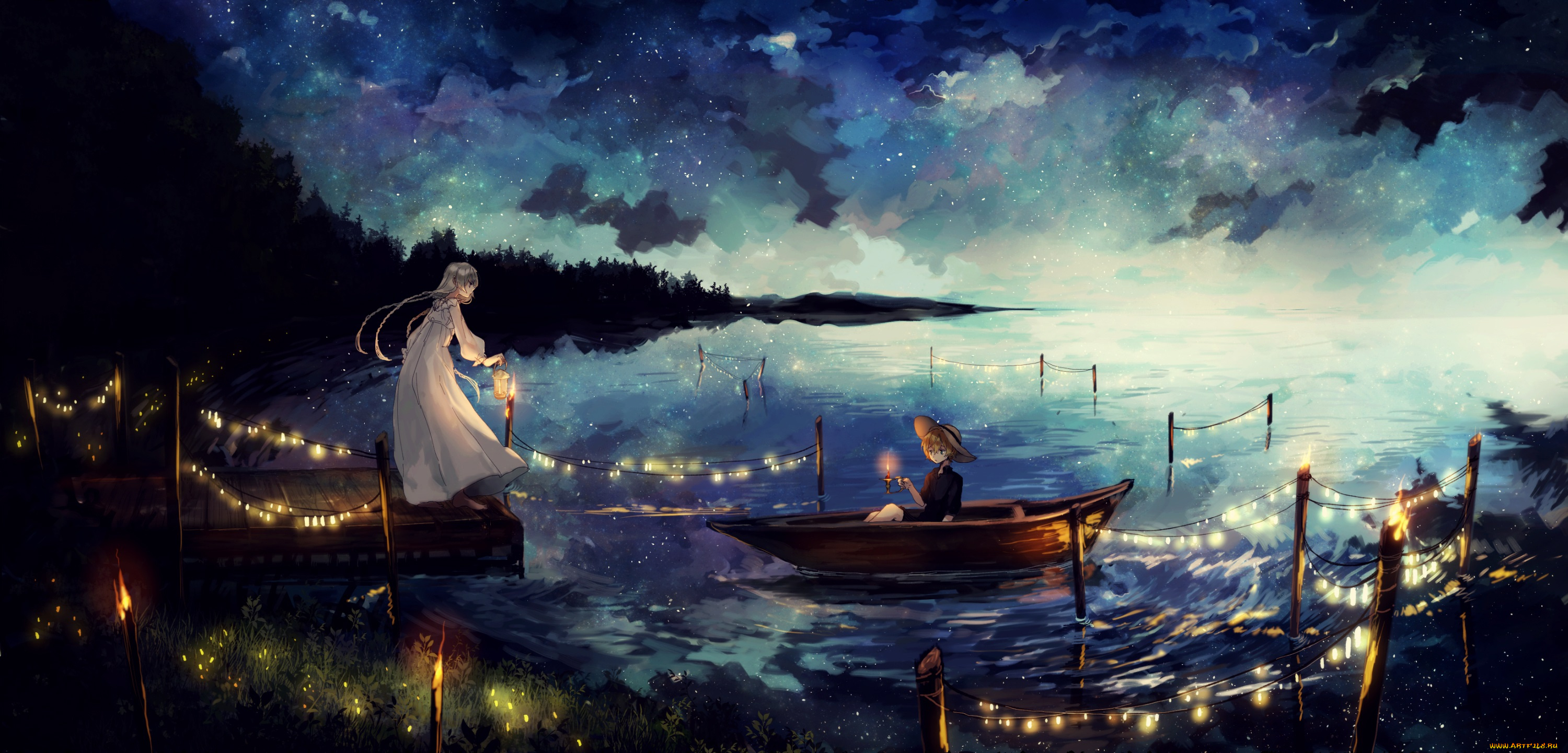 аниме, unknown, , другое, облака, небо, лодка, ночь, девочки, арт, canarinu