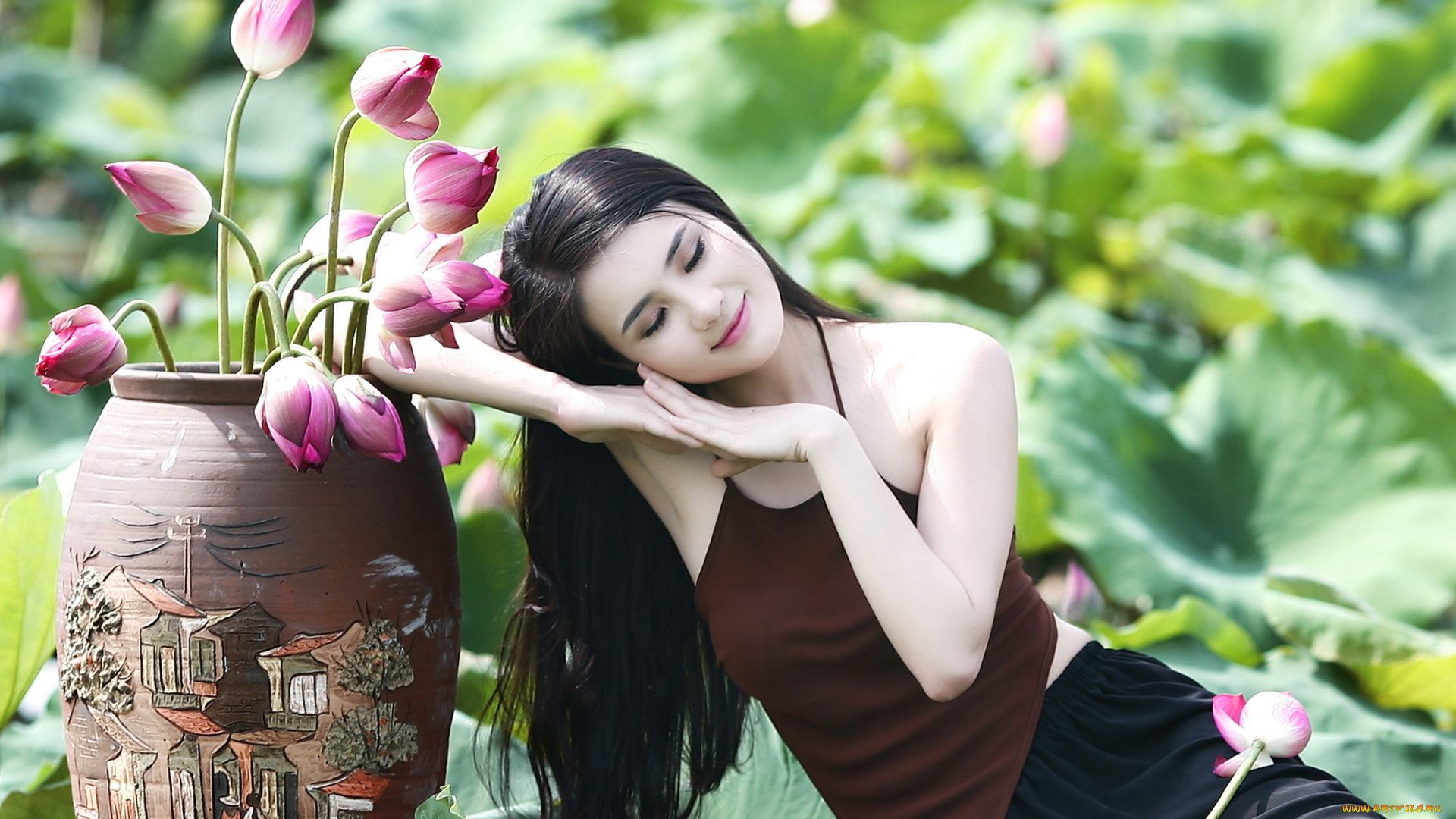 девушки, -unsort, , азиатки, цветы, поза, девушка