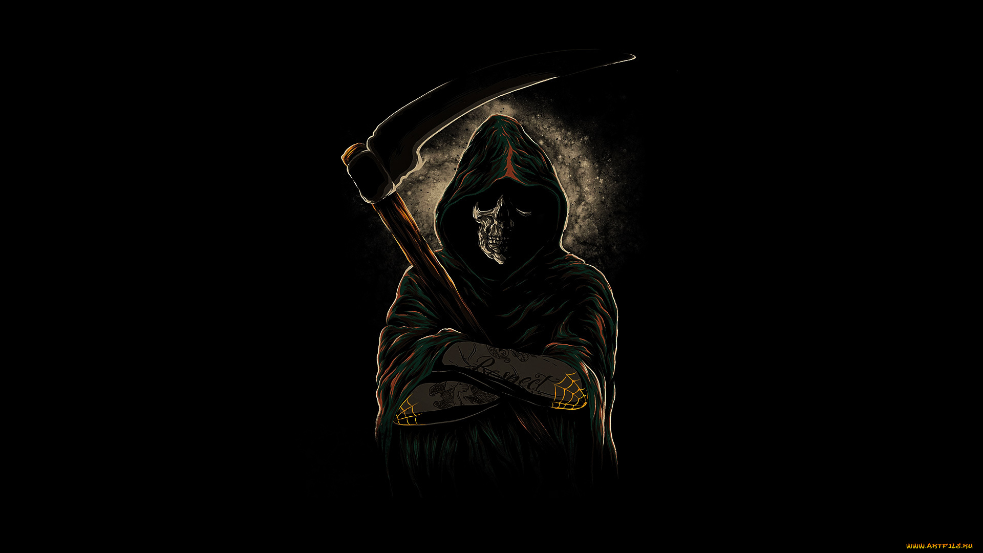 рисованное, минимализм, череп, коса, капюшон