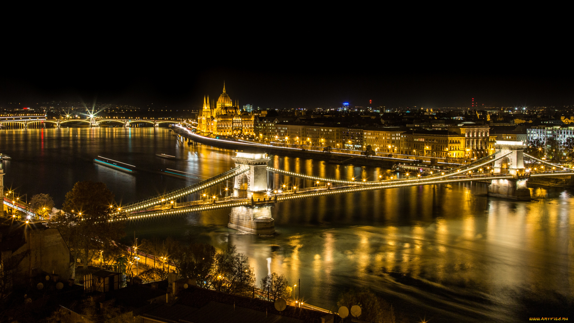 budapest, , chain, bridge, &, hungarian, parliament, города, будапешт, , венгрия, ночь, мост, река, огни