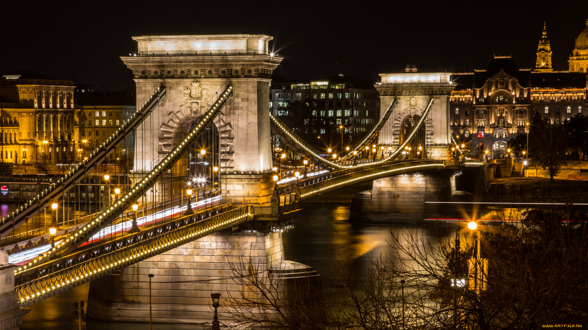 budapest, , chain, bridge, города, будапешт, , венгрия, огни, река, мост, ночь
