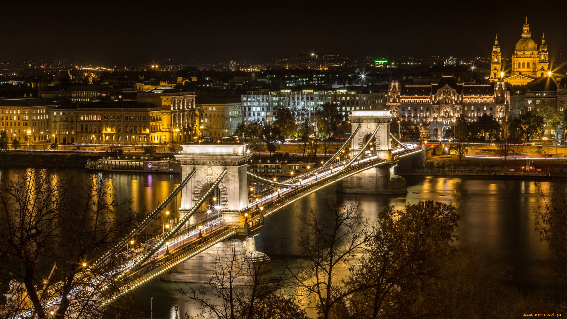 budapest, , chain, bridge, города, будапешт, , венгрия, огни, река, мост, ночь