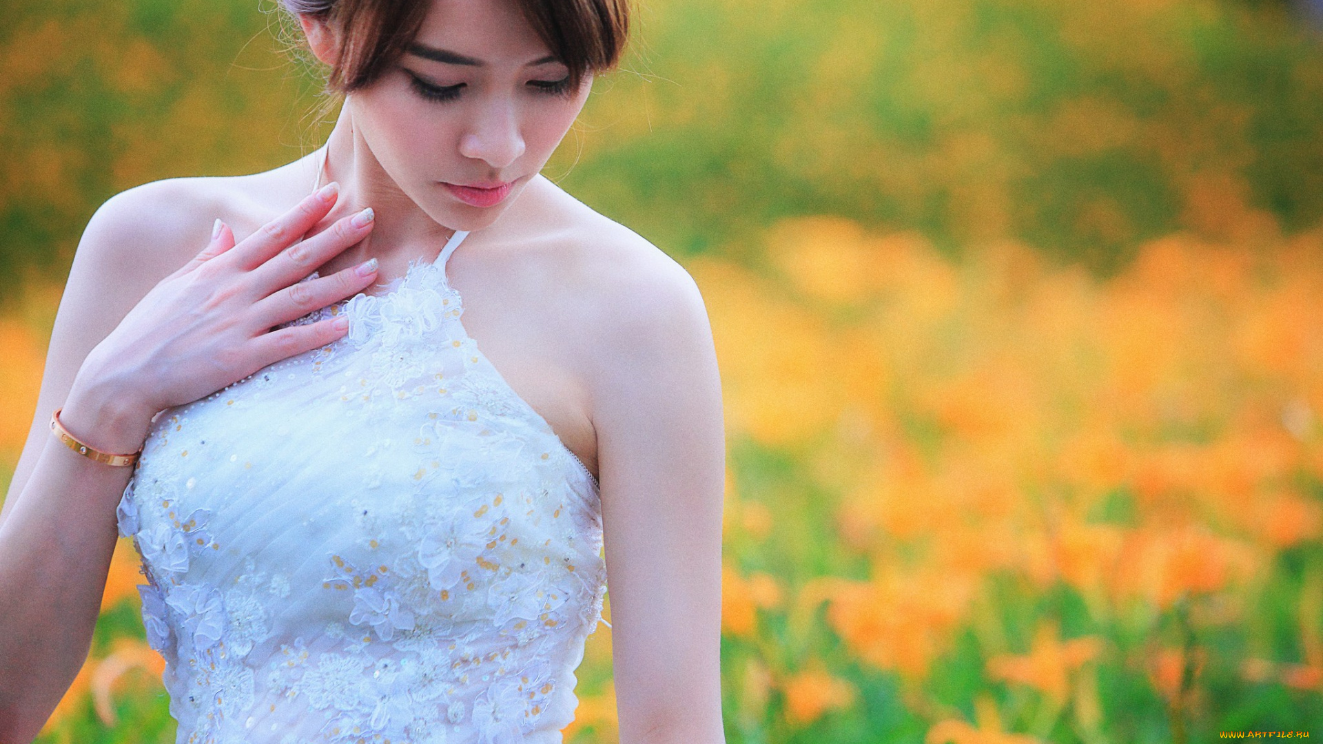 девушки, patty, lai, стразы, невеста, азиатка, луг, браслет