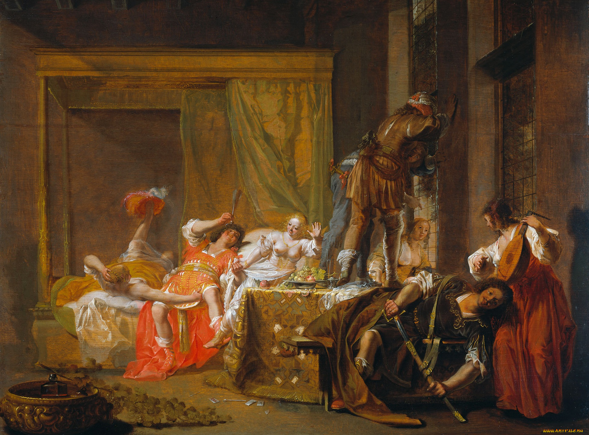 рисованное, живопись, сцена, брака, мессалины, и, гая, силия, картина, дерево, николаус, кнюпфер, масло, мифология