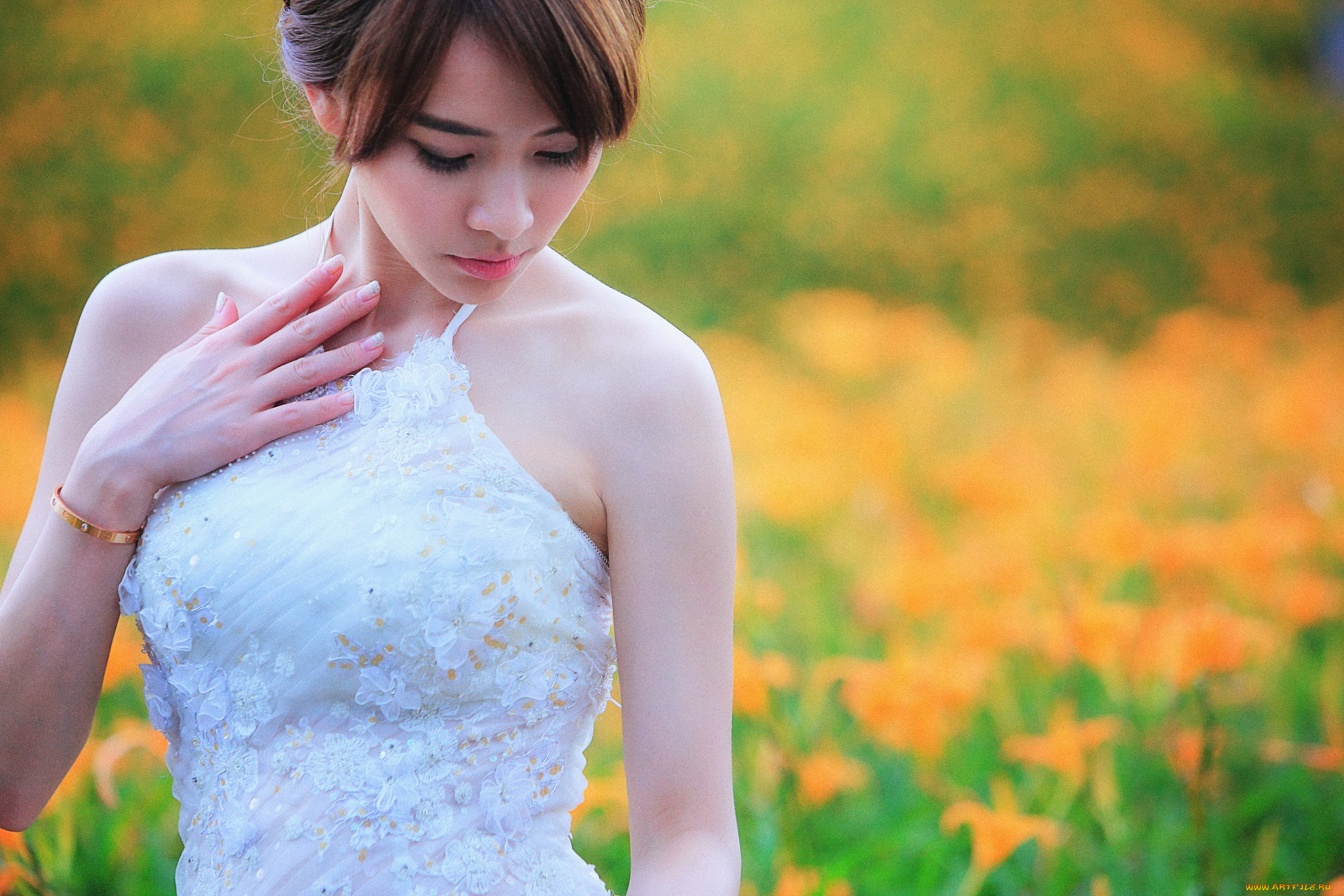 девушки, patty, lai, стразы, невеста, азиатка, луг, браслет