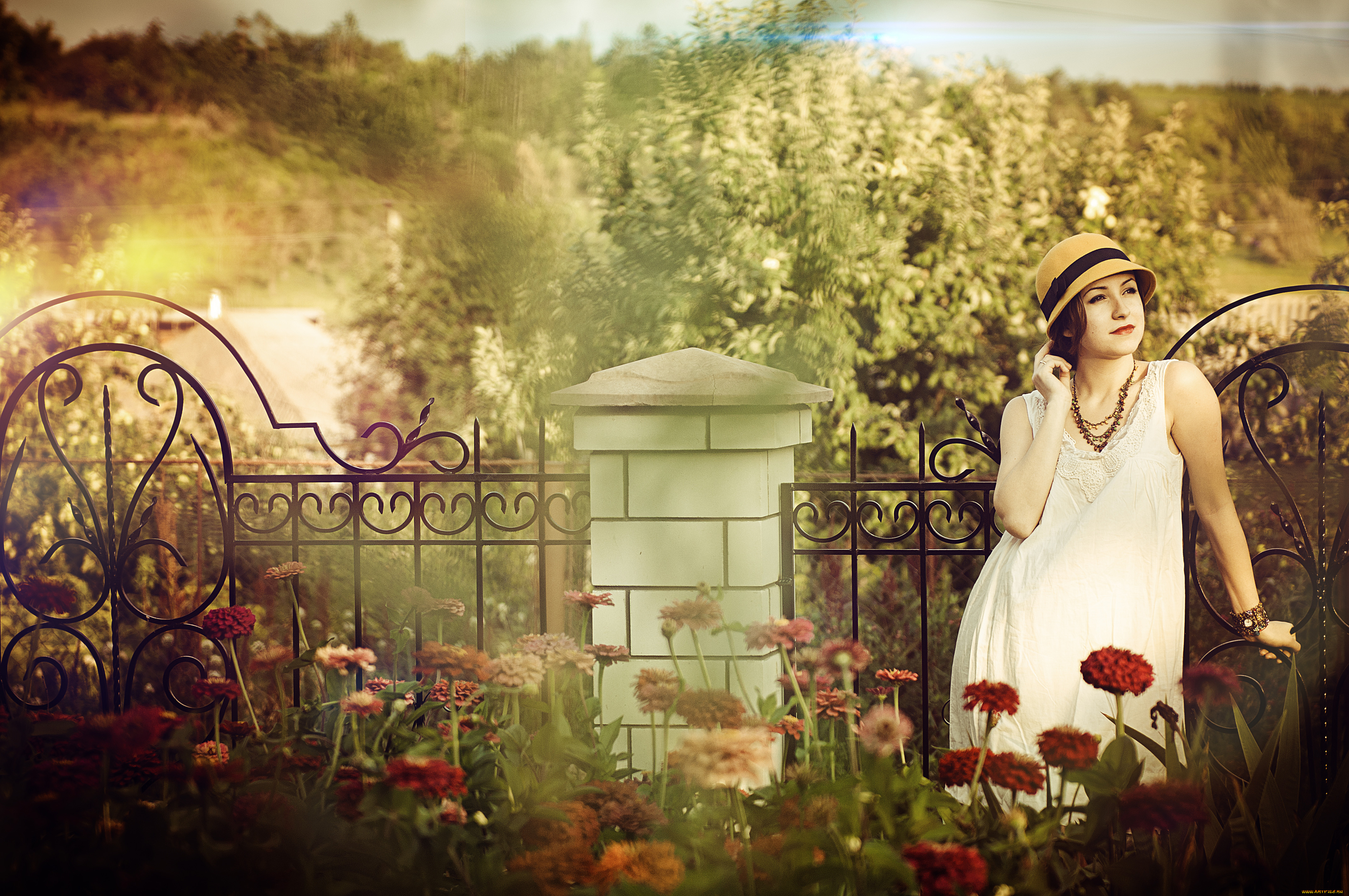 девушки, -unsort, , брюнетки, темноволосые, шляпа, цветы