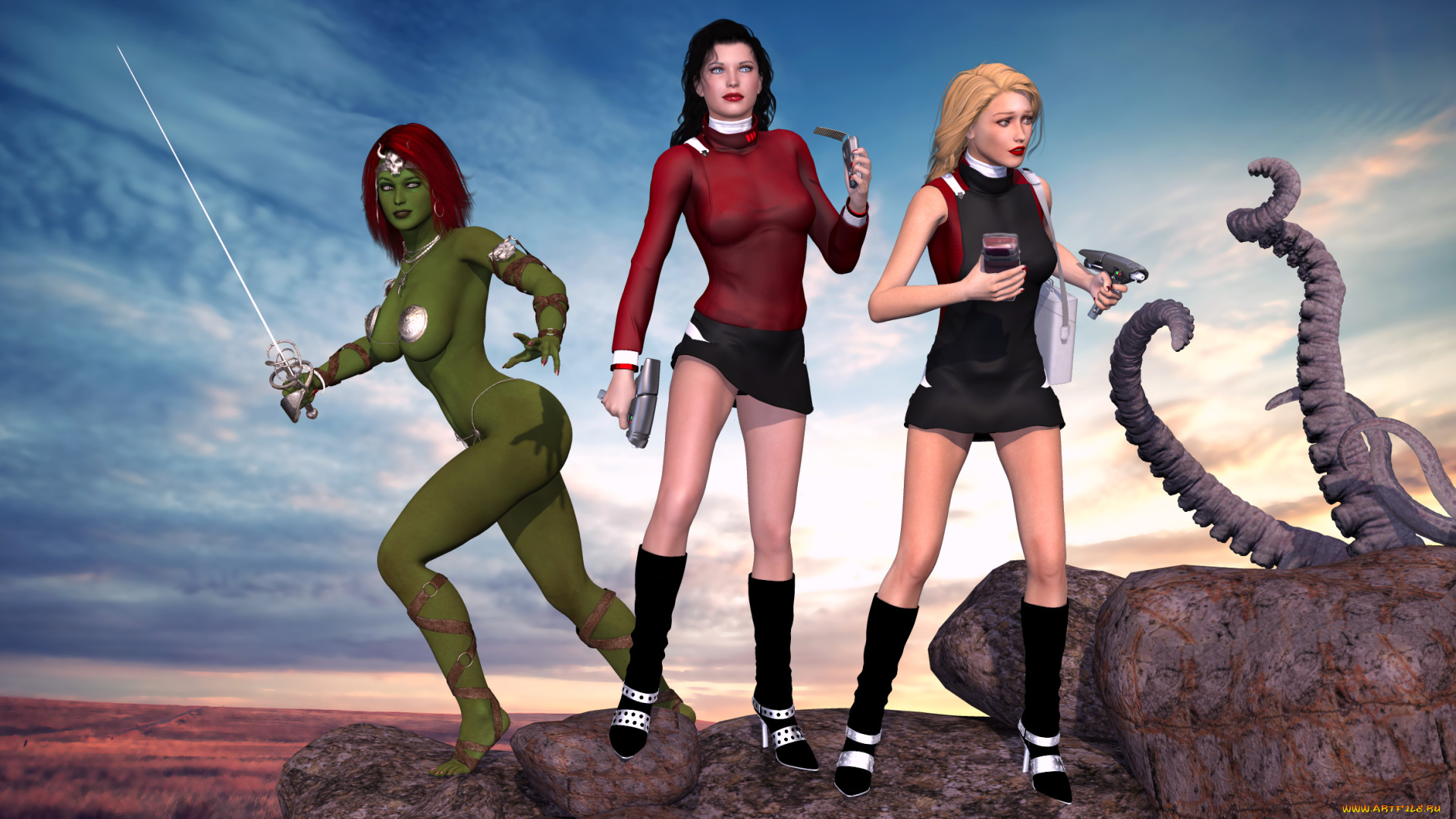 3д, графика, фантазия, , fantasy, девушки, взгляд, фон