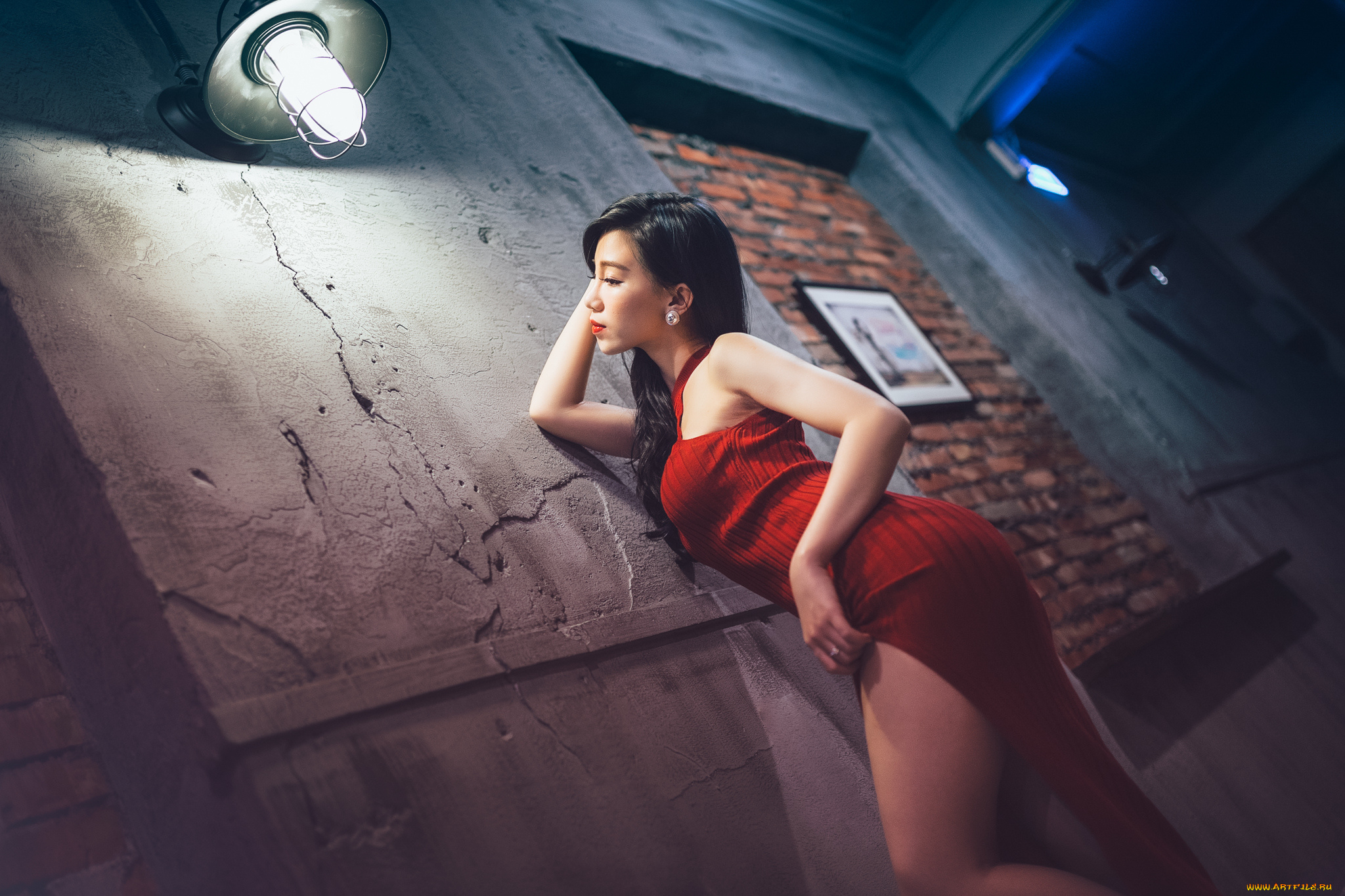 девушки, -unsort, , азиатки, wallhaven, глубина, резкости, модель, азиатские, женщины, темные, волосы, профиль, платье, стена, фонарь