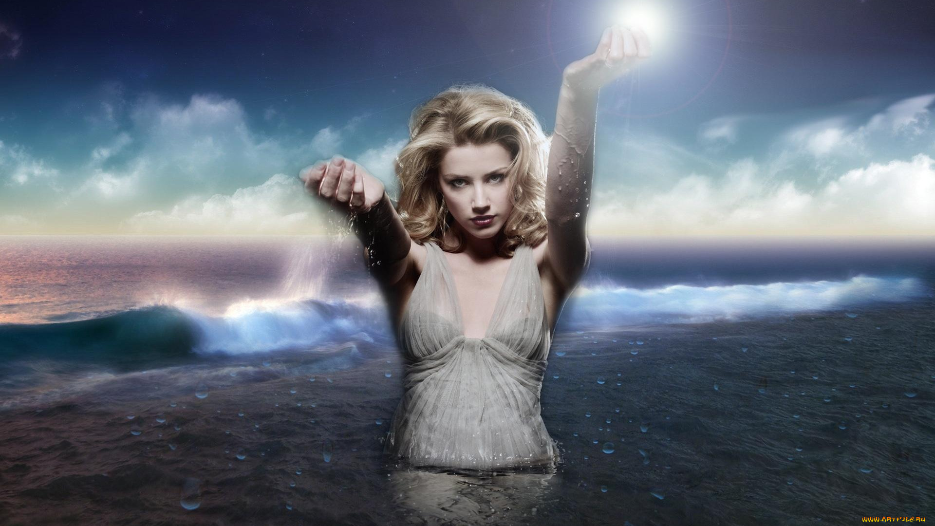 девушки, amber, heard, море, капли, платье, блондинка, актриса