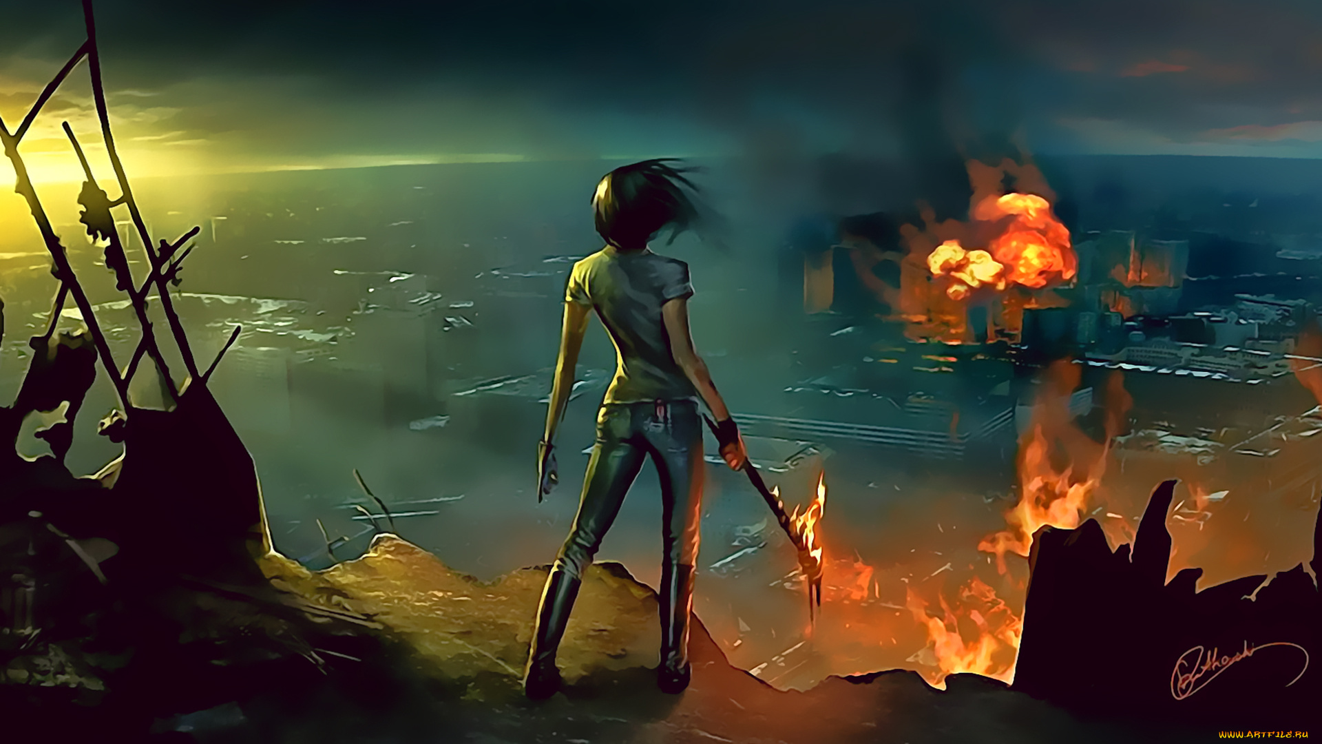 календари, фэнтези, огонь, calendar, 2019, пламя, пожар, девушка, город