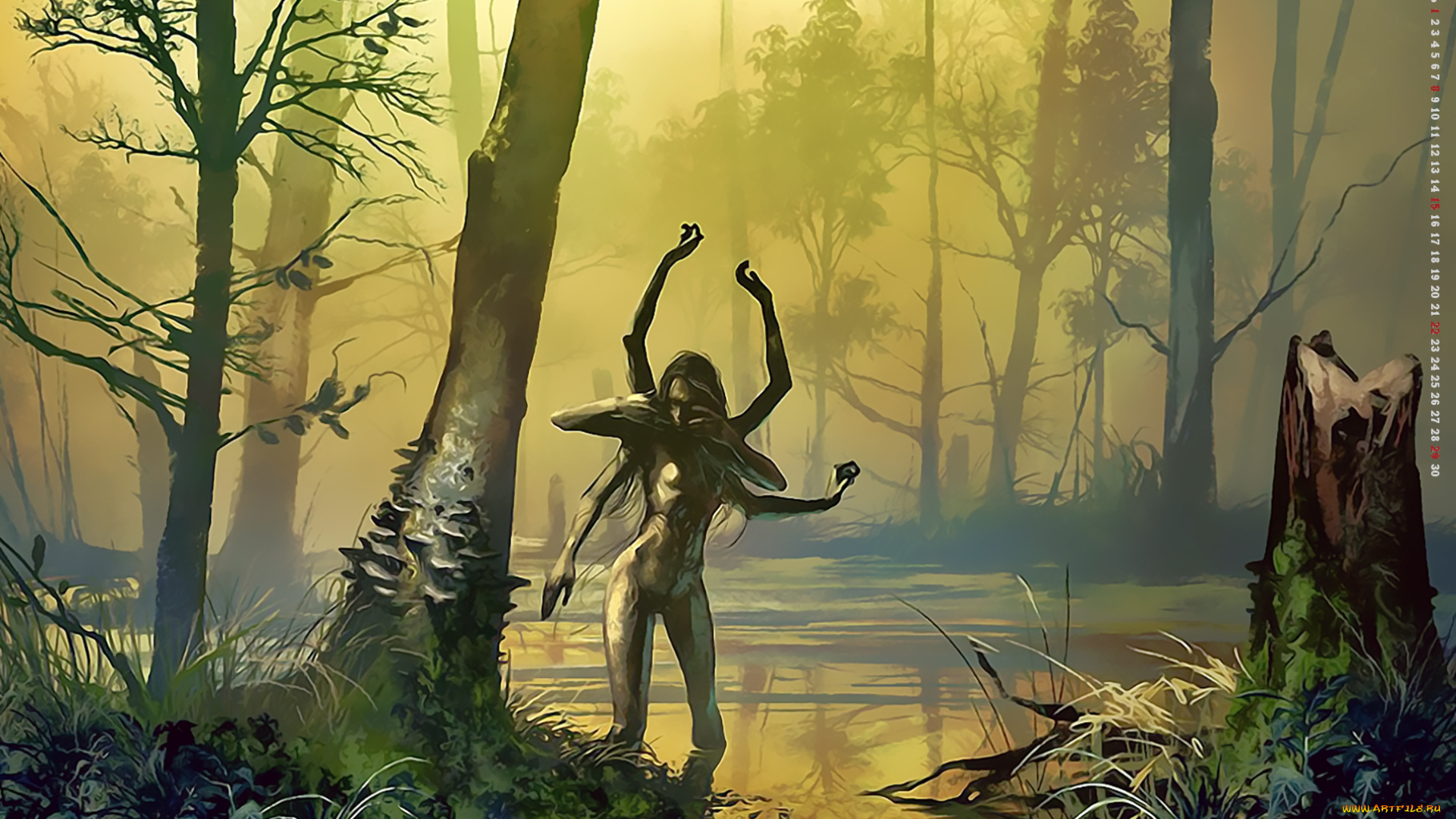 календари, фэнтези, растение, 2019, calendar, дерево, болото, лес, существо