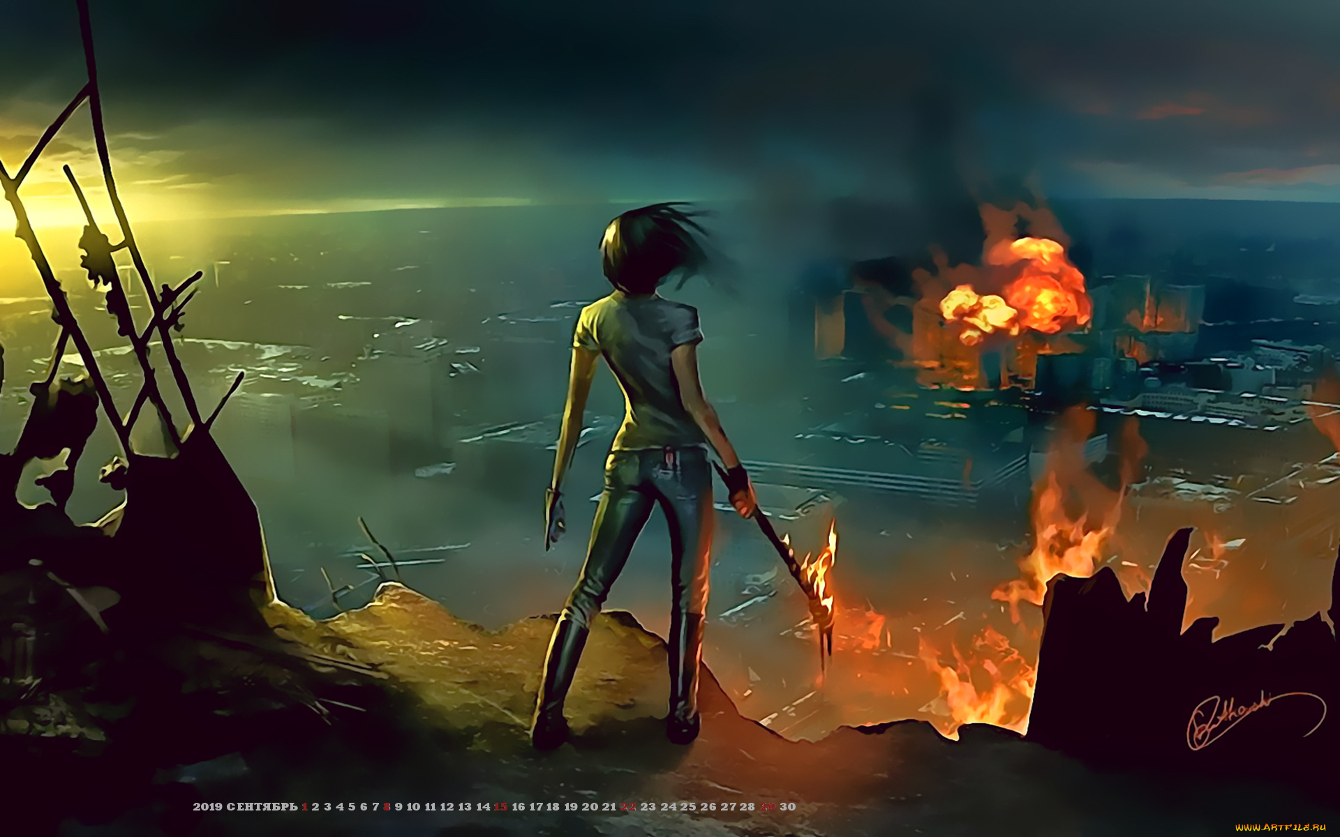 календари, фэнтези, огонь, calendar, 2019, пламя, пожар, девушка, город