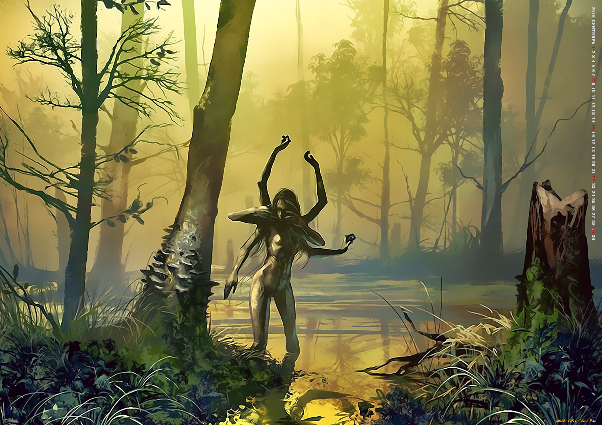 календари, фэнтези, растение, 2019, calendar, дерево, болото, лес, существо