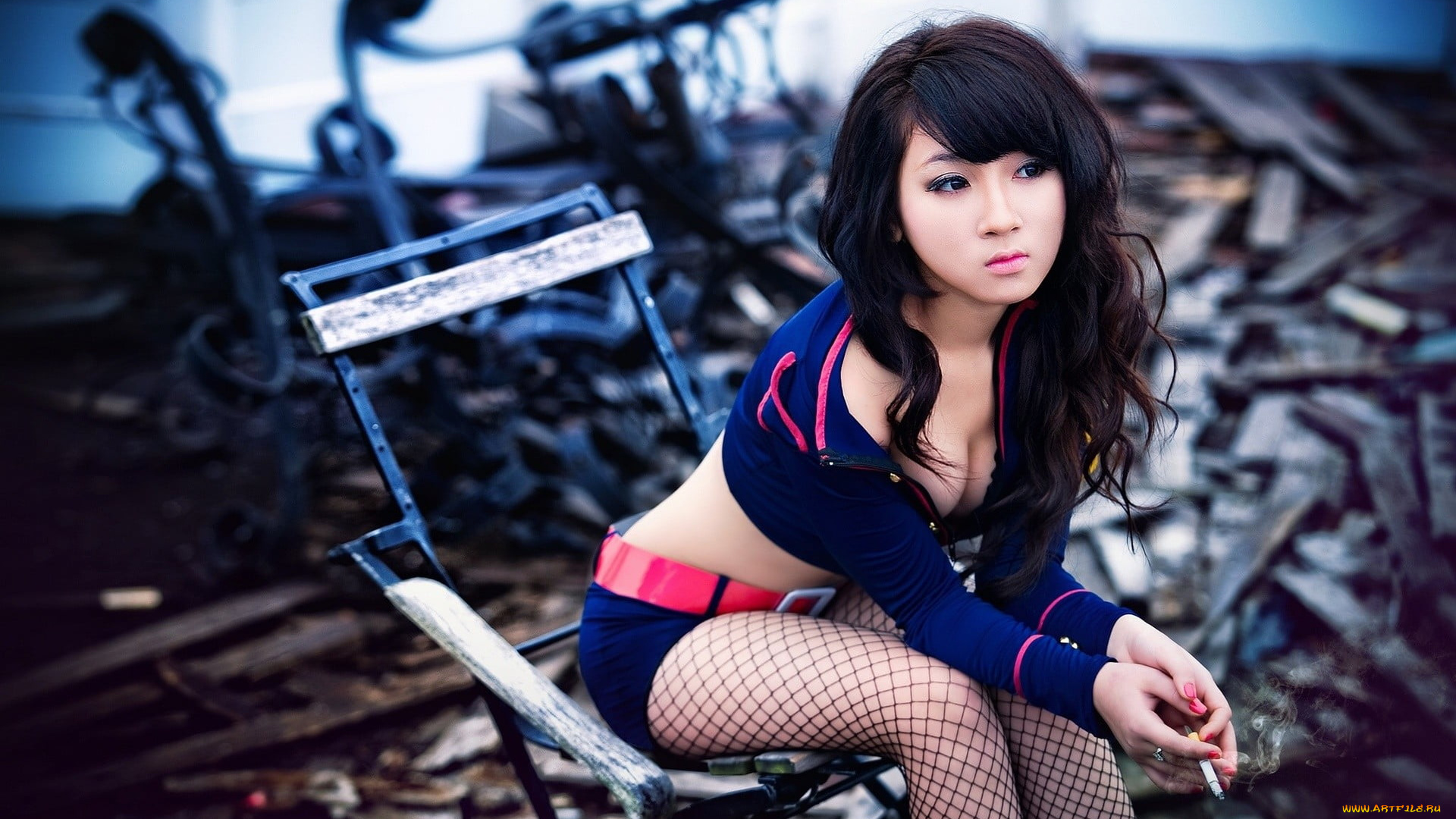 девушки, -, азиатки, азиатка, девушка, модель, брюнетка, красотка, поза, причёска, сидит