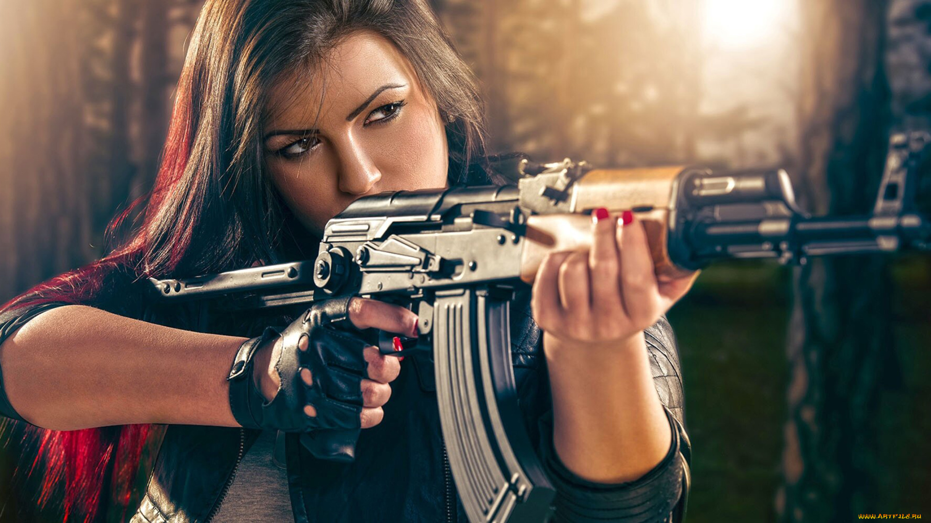 девушки, -, девушки, с, оружием, девушка, прицел, автомат, оружие, цель, модель, брюнетка, красотка, поза, взгляд, макияж