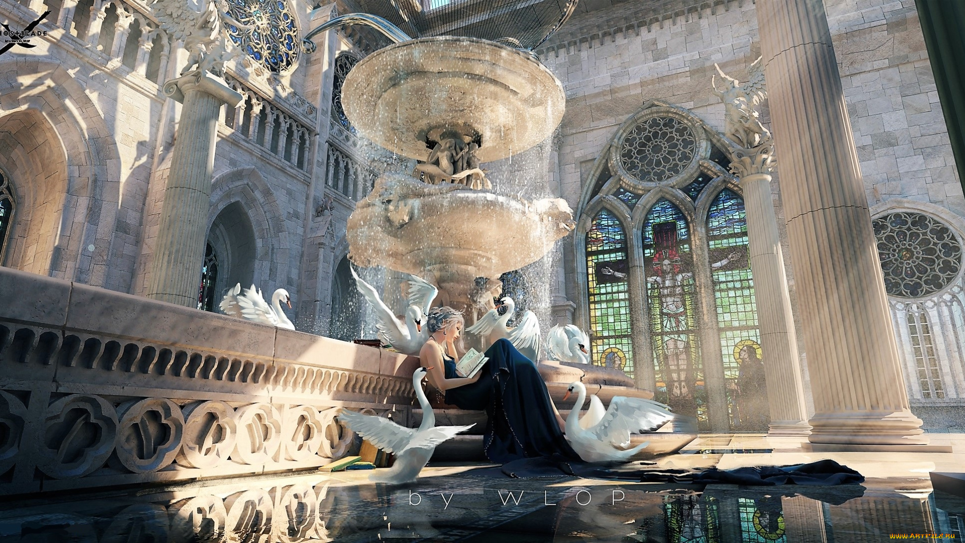 фэнтези, _ghost, blade, , , призрачный, клинок, девушка, книга, лебеди, дворец