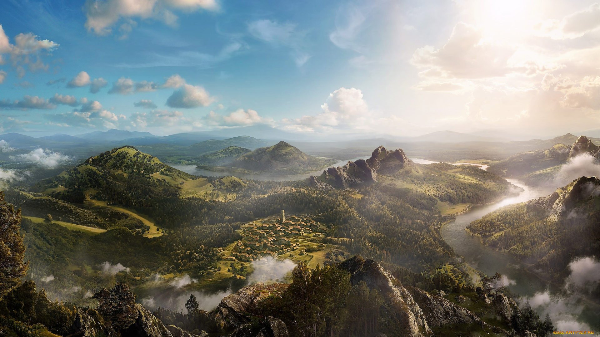 рисованное, природа, горы, долина, река, облака, поселок