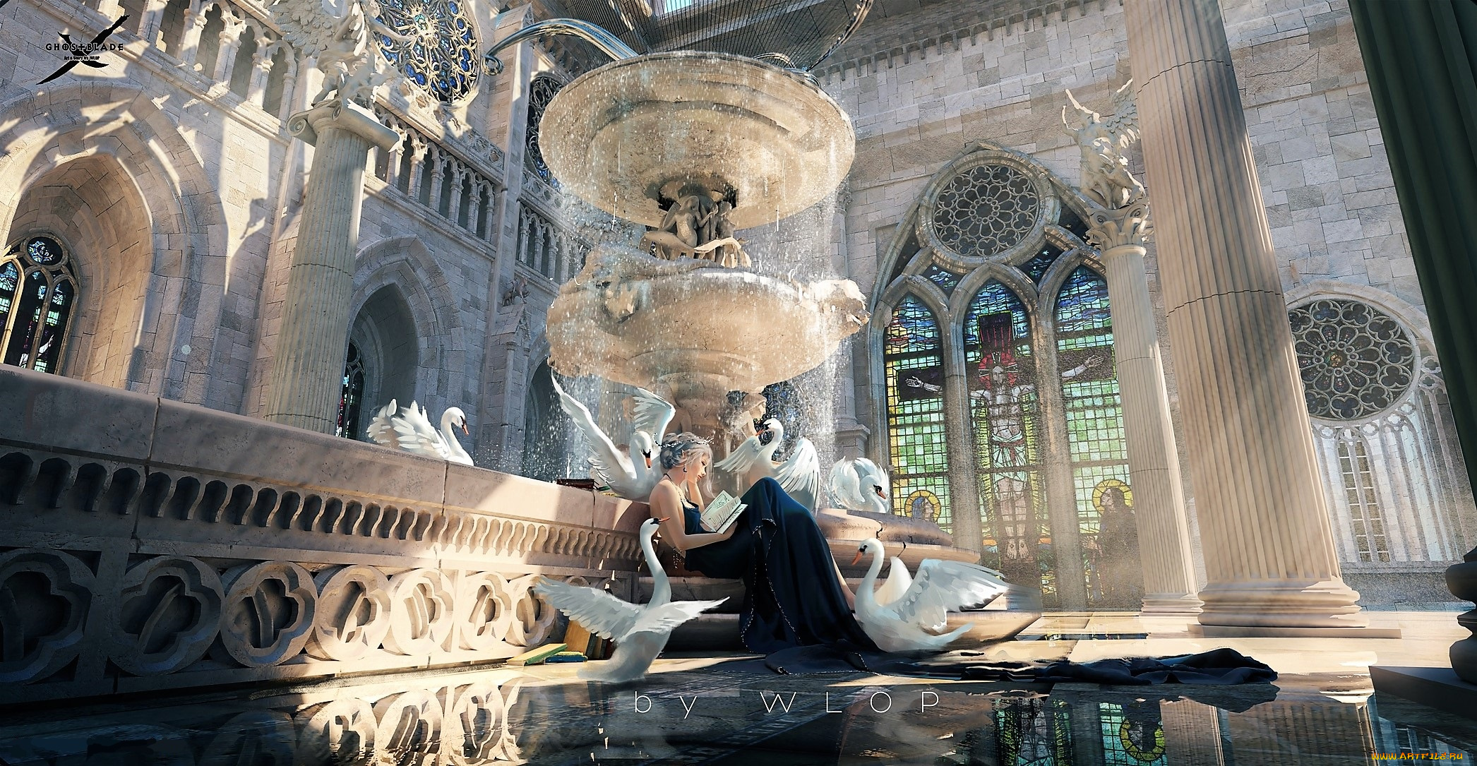 фэнтези, _ghost, blade, , , призрачный, клинок, девушка, книга, лебеди, дворец