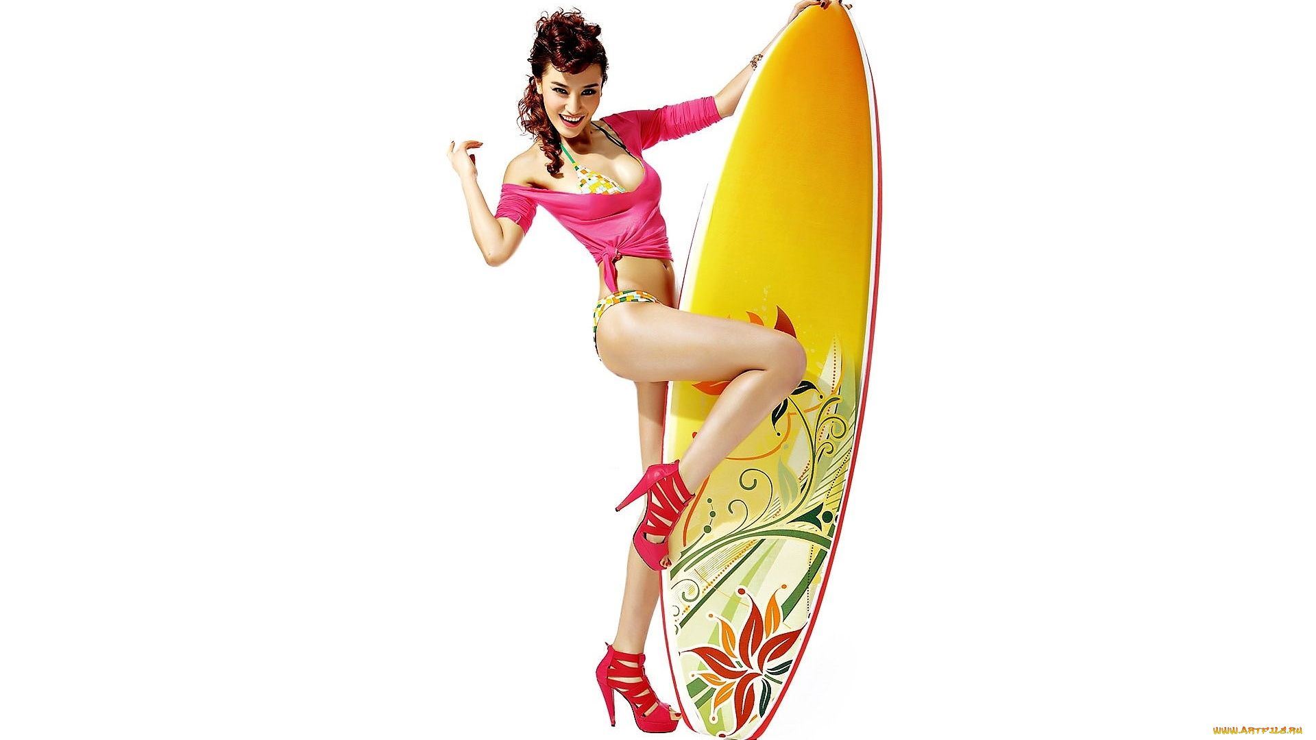 девушки, -, брюнетки, , шатенки, шатенка, каблуки, топ, купальник, серф