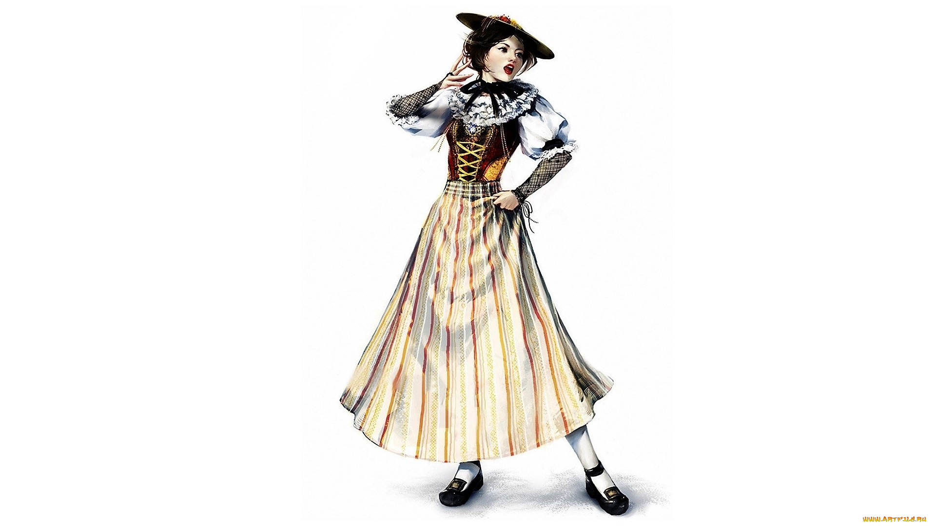 рисованное, люди, девушка, шляпка, платье