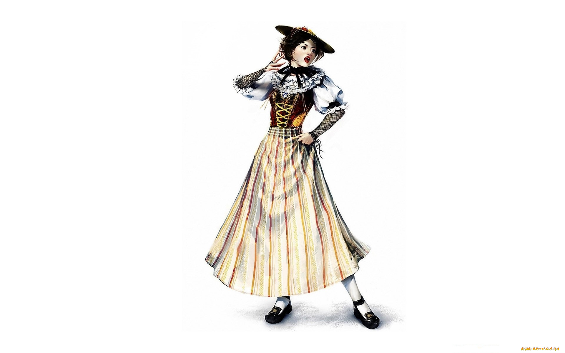 рисованное, люди, девушка, шляпка, платье