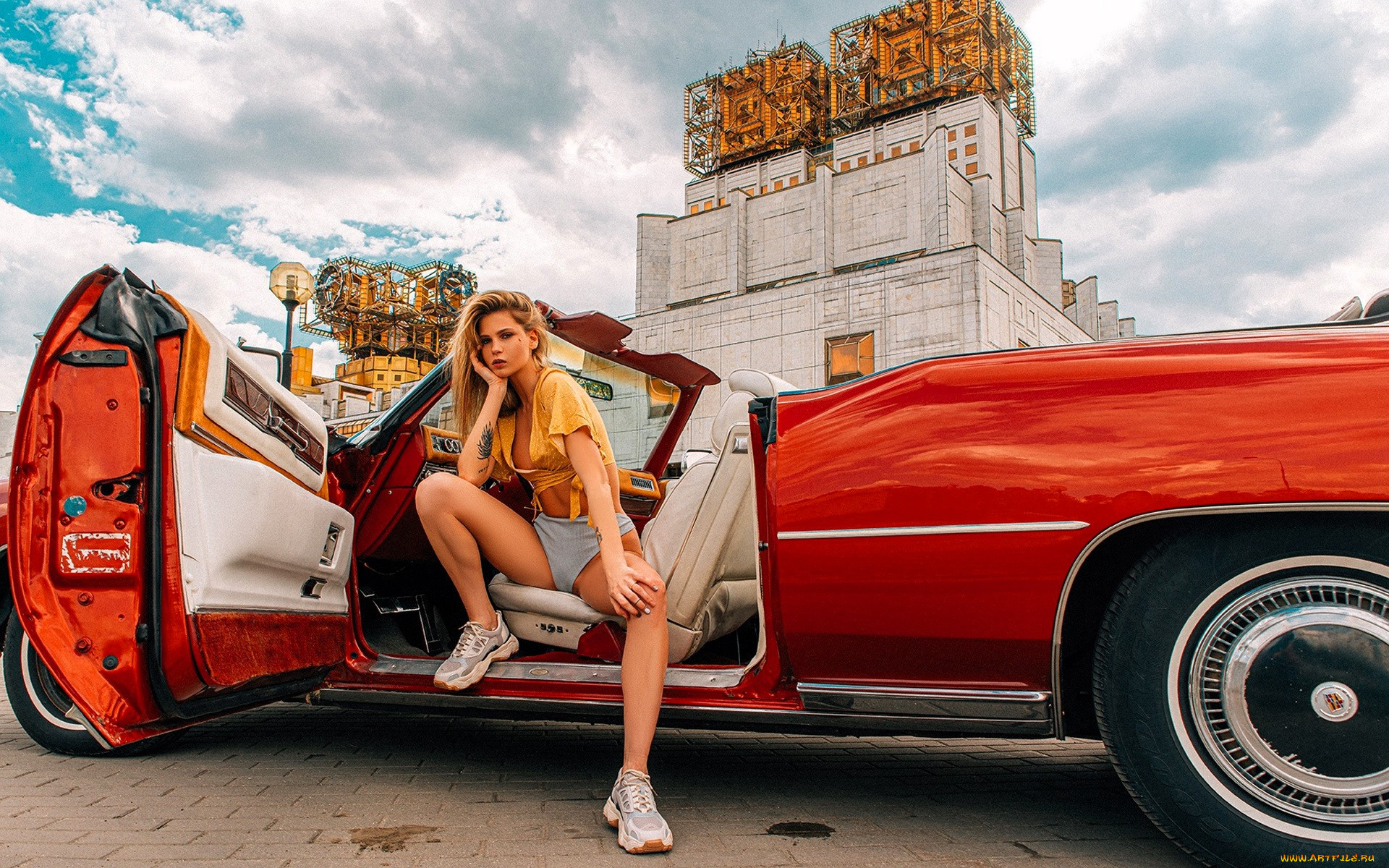 автомобили, -авто, с, девушками, блондинка, топ, шорты, кабриолет, красный