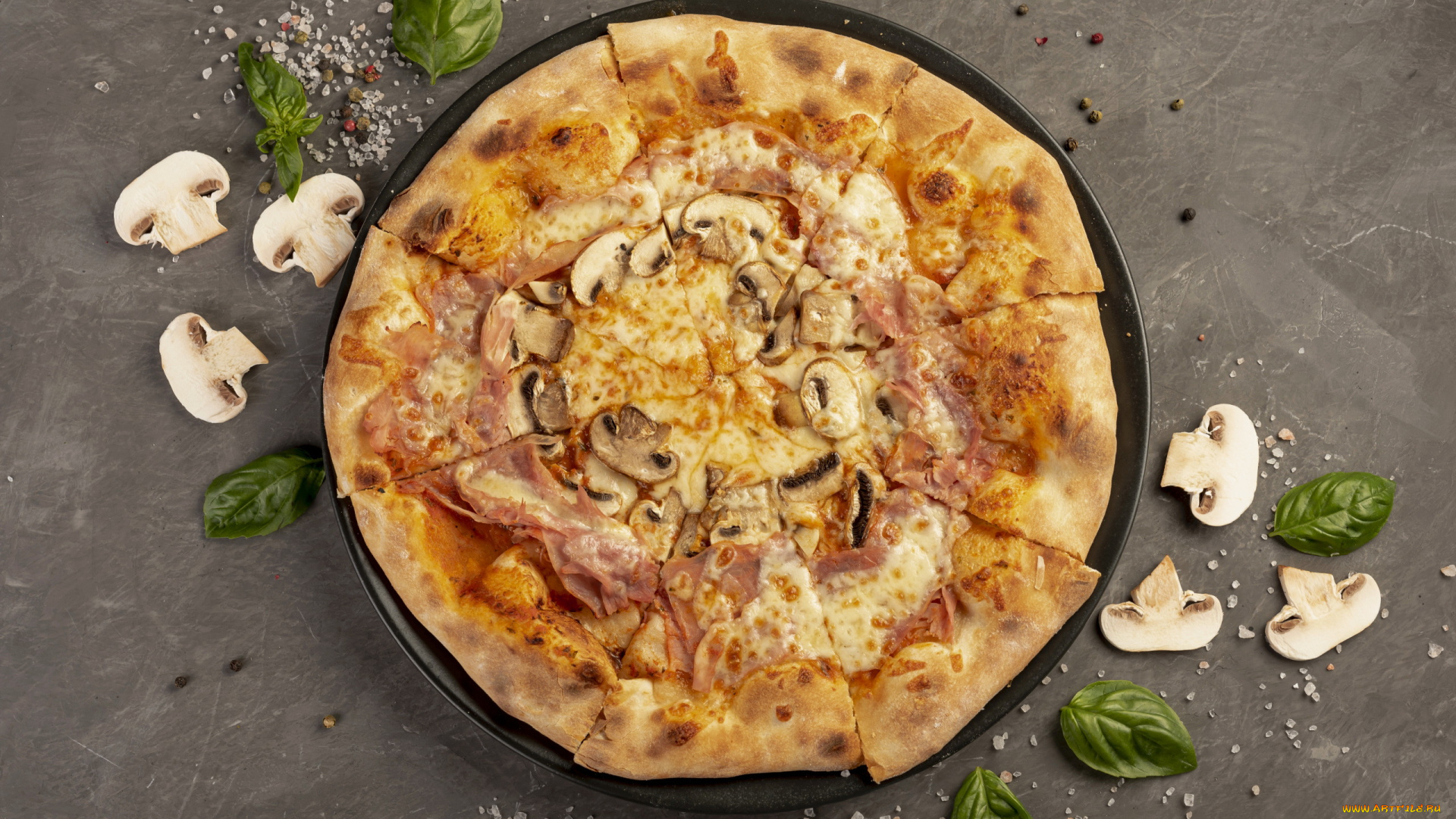 еда, пицца, базилик, грибы, шампиньоны, ветчина