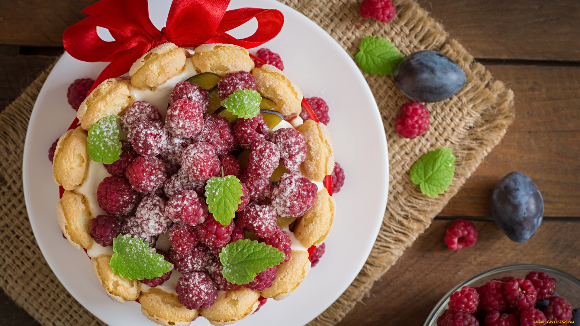 еда, торты, алая, лента, торт, ягоды, малина, сливы