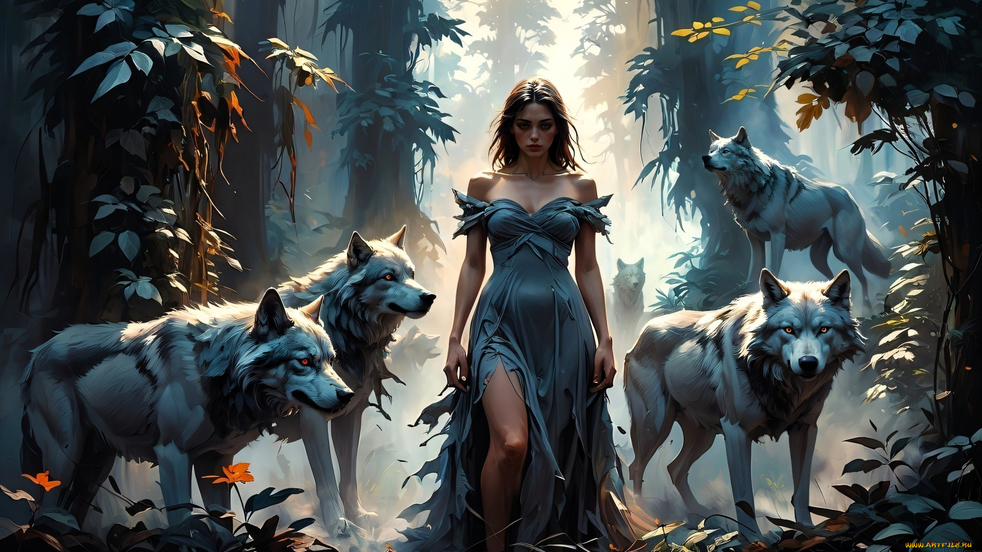 фэнтези, красавицы, и, чудовища, девушка, платье, волки, лес