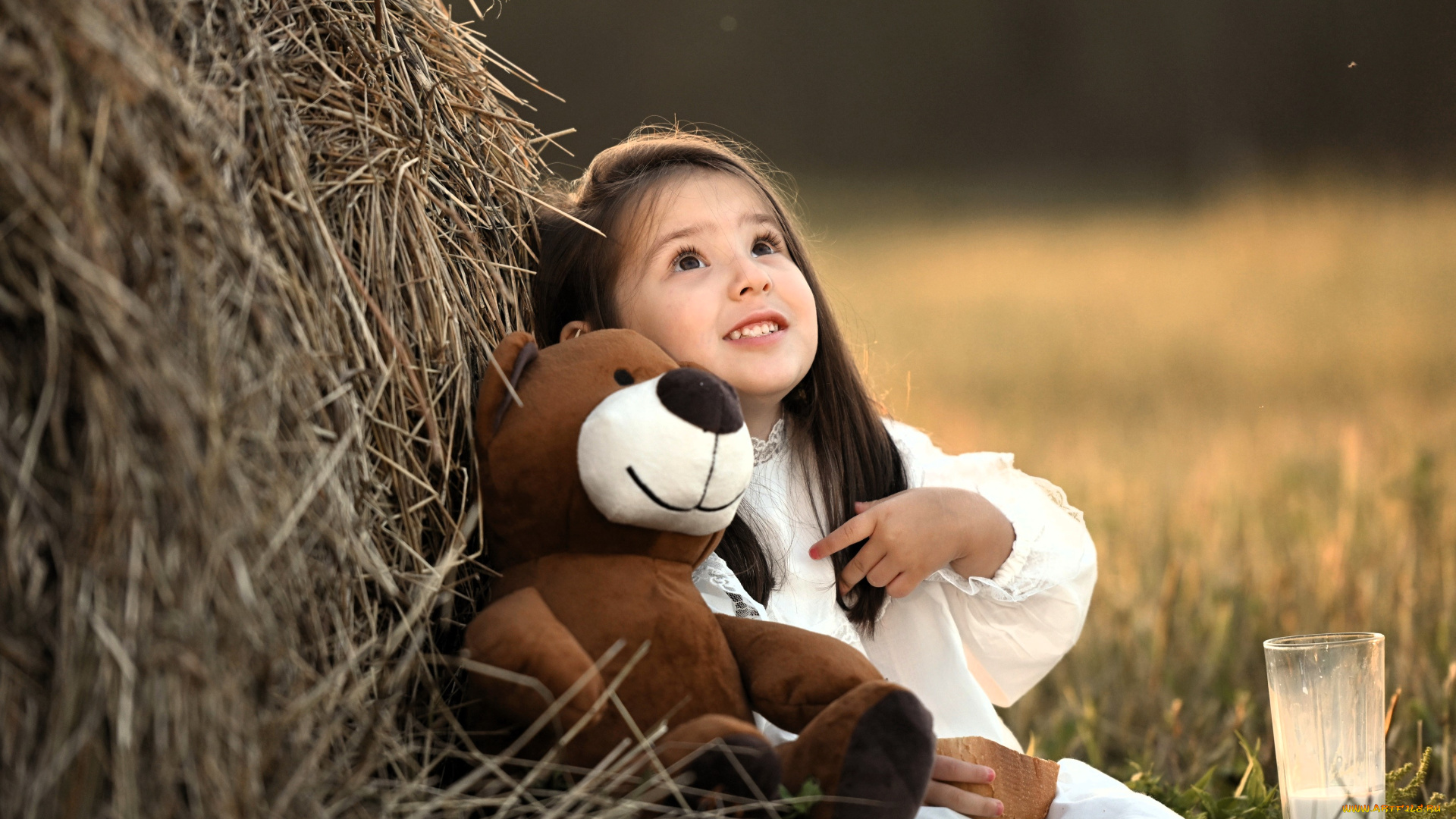 разное, дети, девочка, платье, стог, сено, бабочка, мишка, стакан