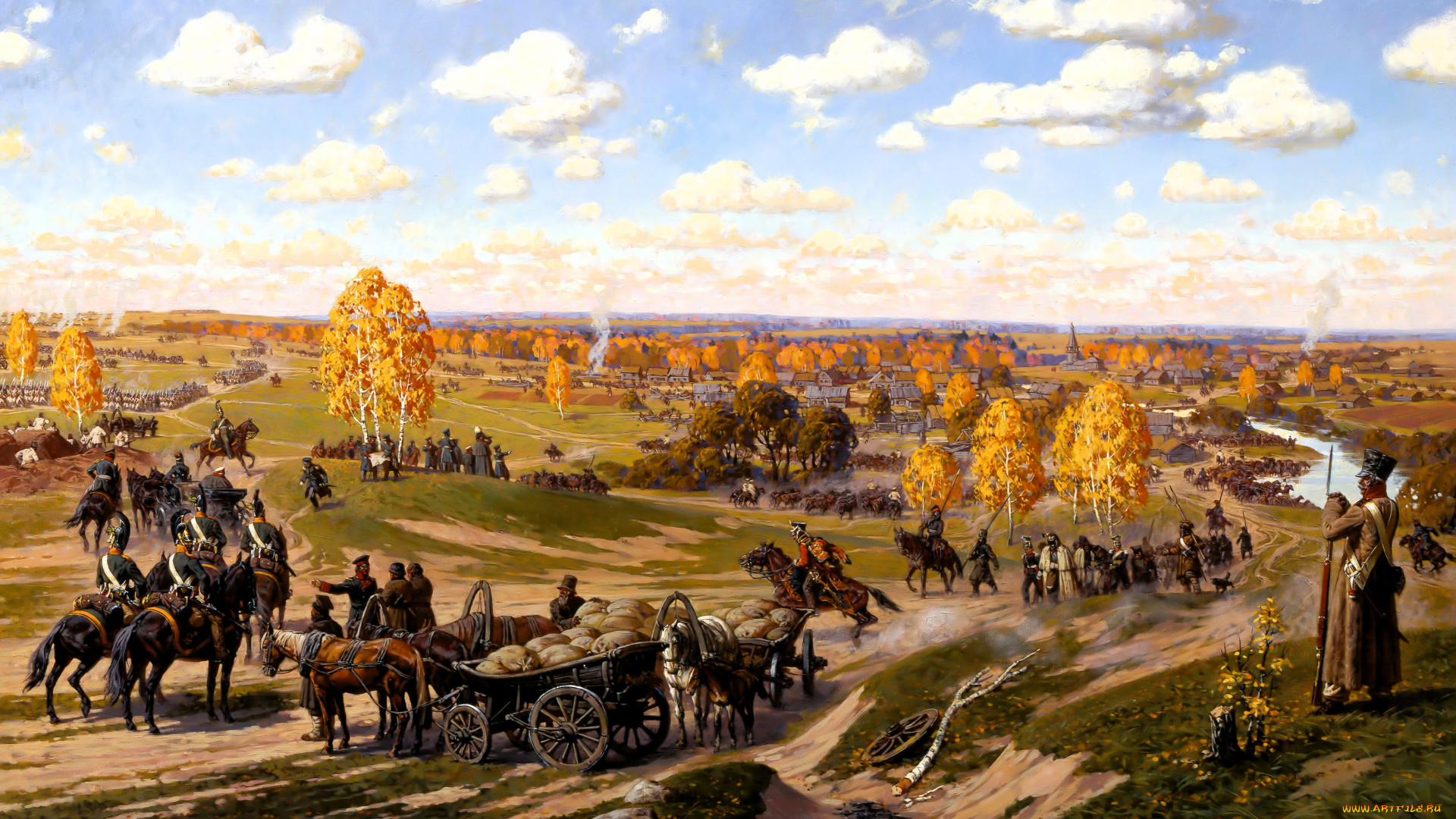 рисованное, александр, аверьянов, солдаты, оружие, осень, деревья