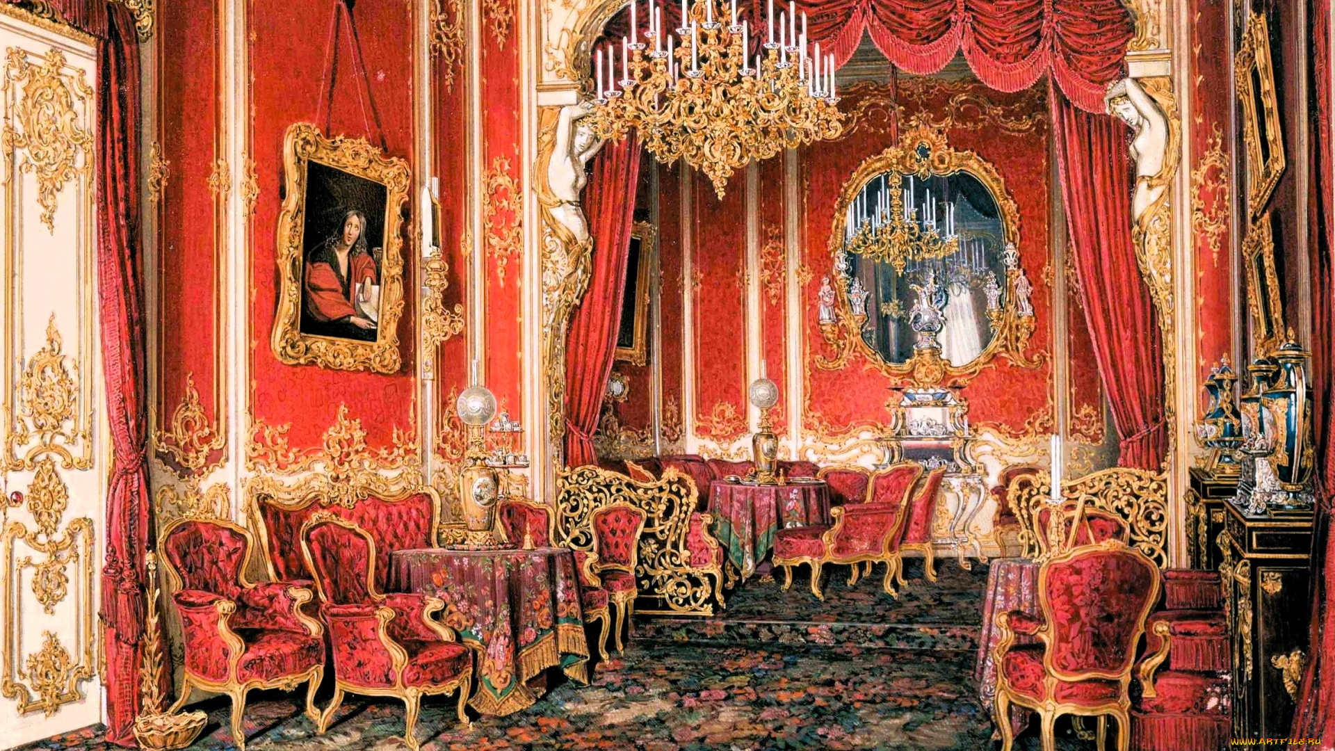 рисованное, эдуард, гау, дворец, интерьер, комната, свод, лепнина, люстра, стулья, столы, ковер, картины, свечи, шторы
