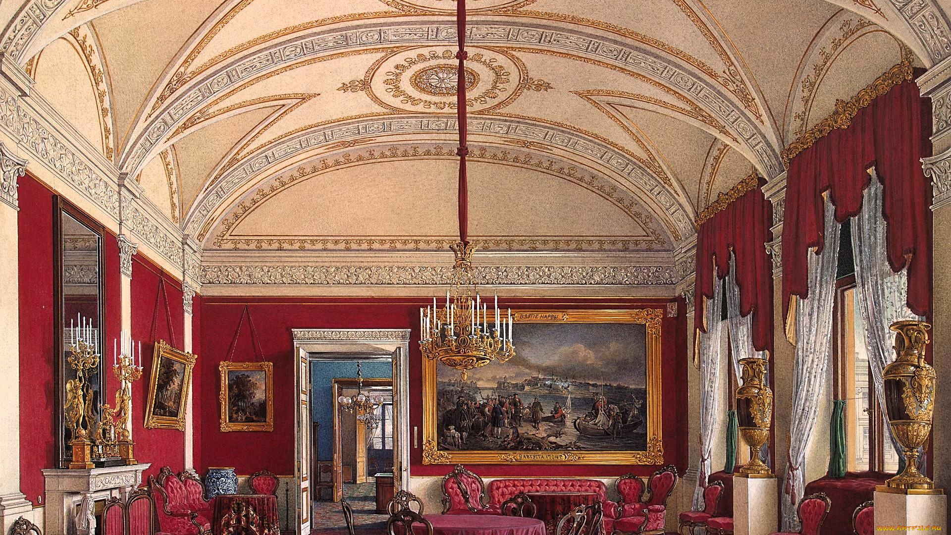 рисованное, эдуард, гау, дворец, интерьер, комната, свод, лепнина, люстра, стулья, стол, ковер, шторы, вазы, картины