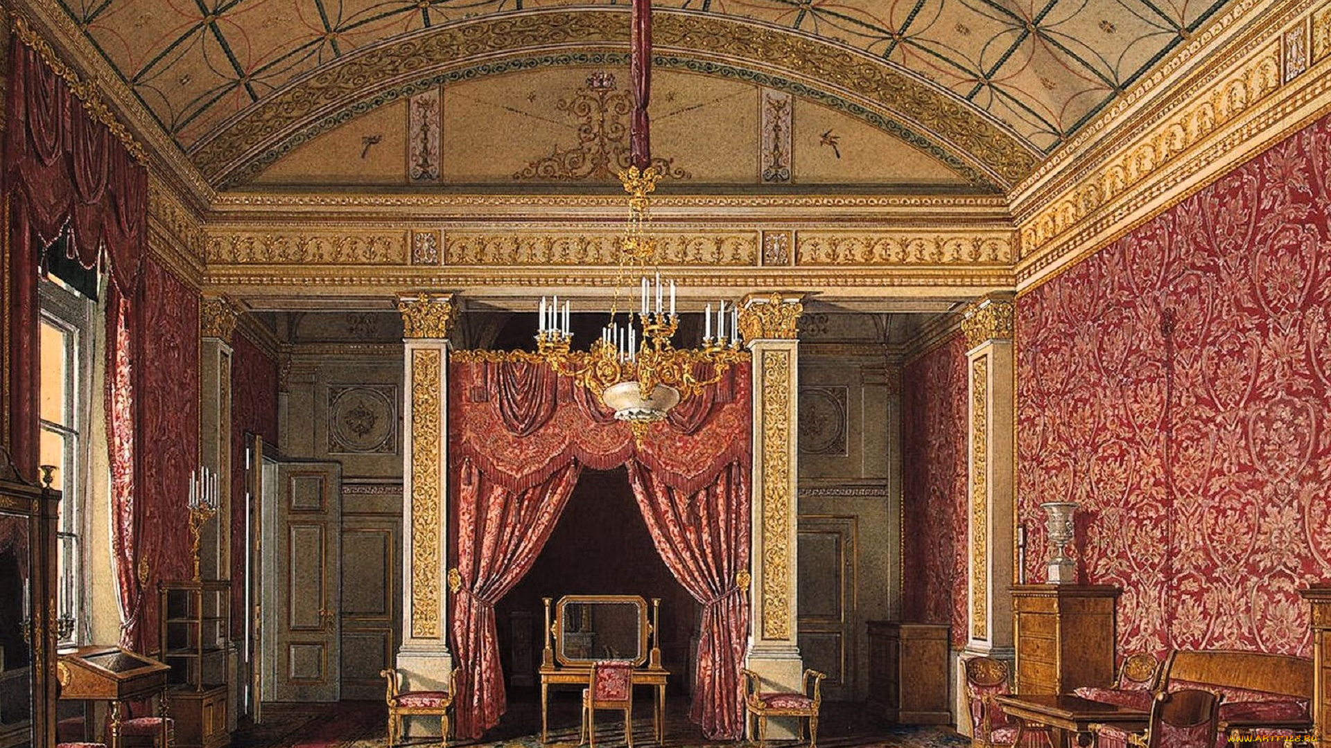 рисованное, эдуард, гау, дворец, интерьер, комната, лепнина, люстра, ковер