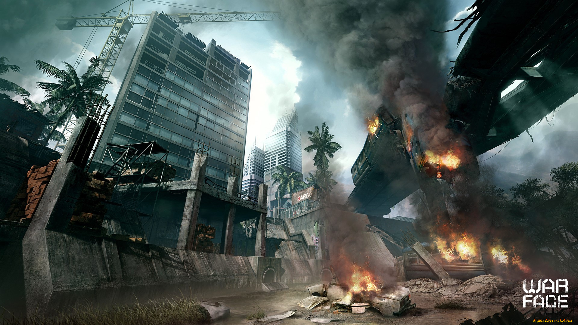 видео, игры, warface, город, развалины, кран, стройка, дома, огонь, дым, пальмы