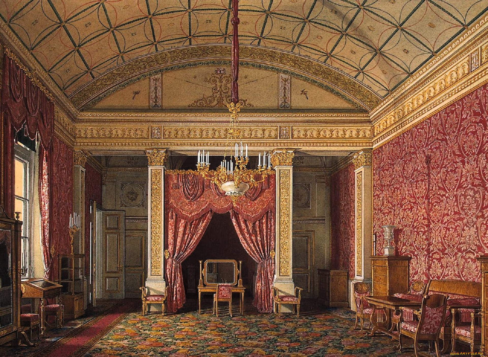 рисованное, эдуард, гау, дворец, интерьер, комната, лепнина, люстра, ковер
