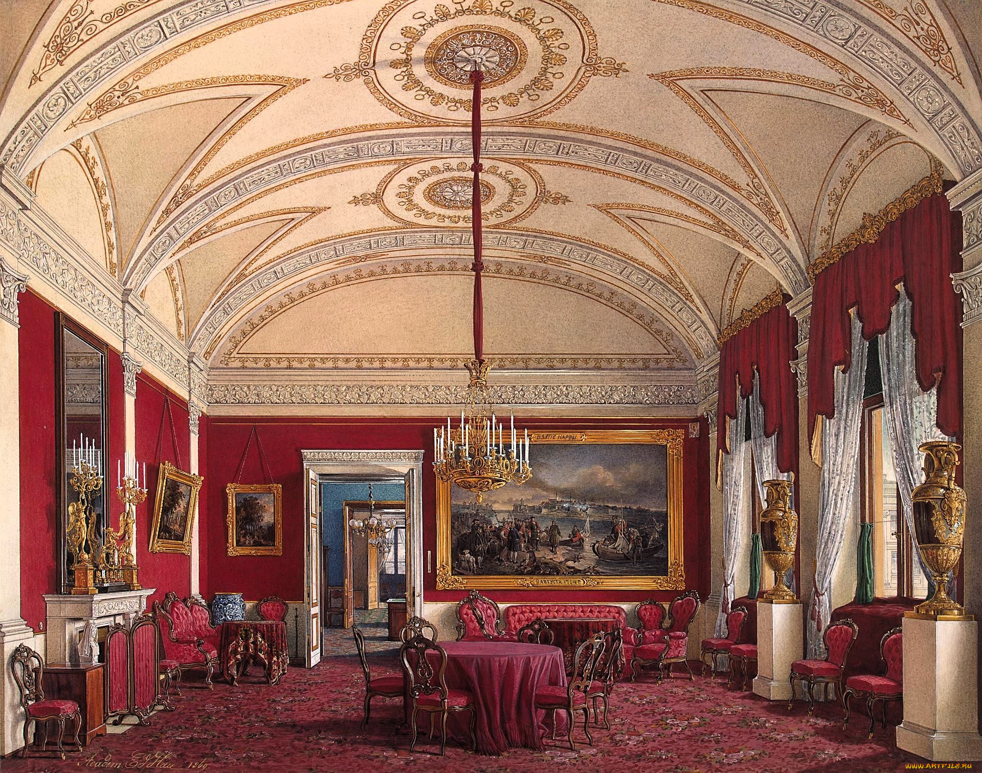 рисованное, эдуард, гау, дворец, интерьер, комната, свод, лепнина, люстра, стулья, стол, ковер, шторы, вазы, картины